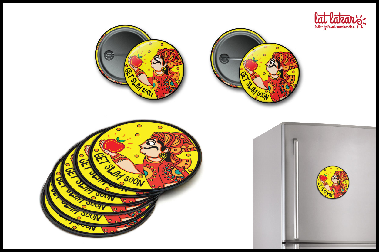 Lat Lakar Indian folk art merchandise: Right Brainer badges and fridge magnet