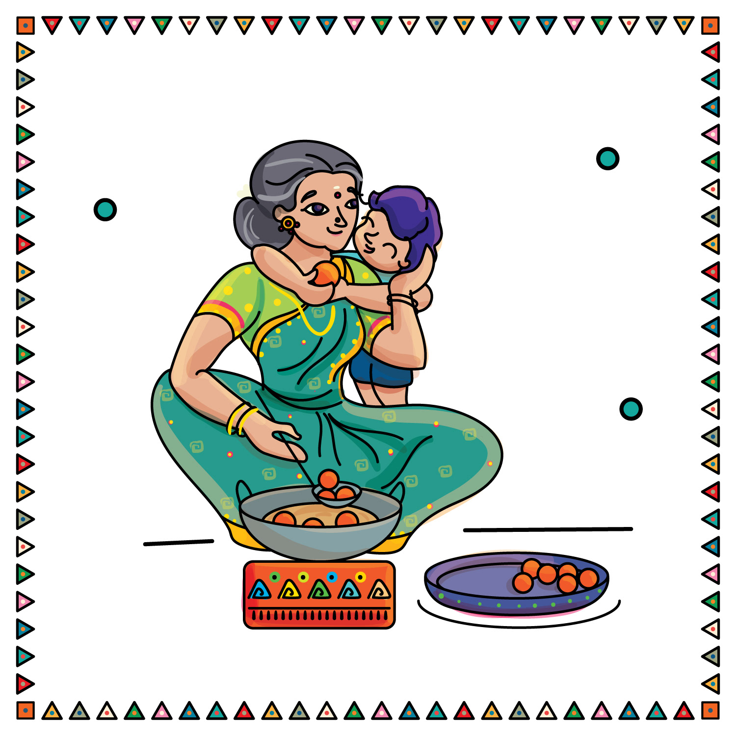 Sweet Kadai Diwali package illustration: grandmother frying sweets with a child on her lap