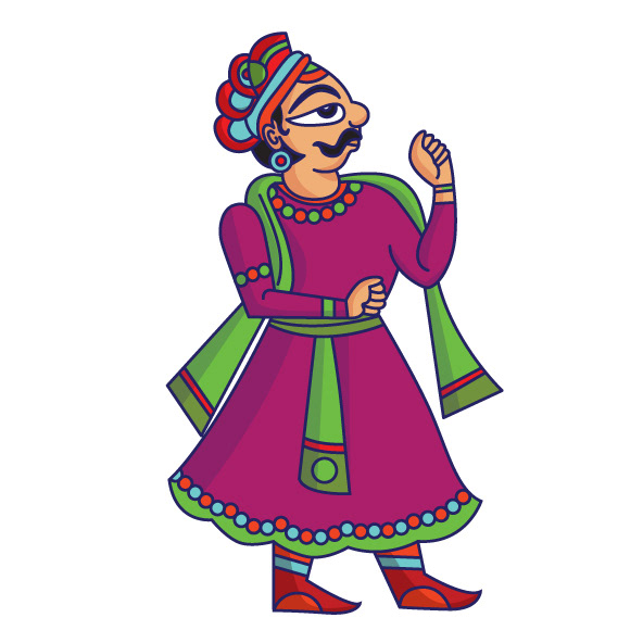 Kesar sweet shop space branding in Phad painting style: Phad character: a man dancing in a purple robe