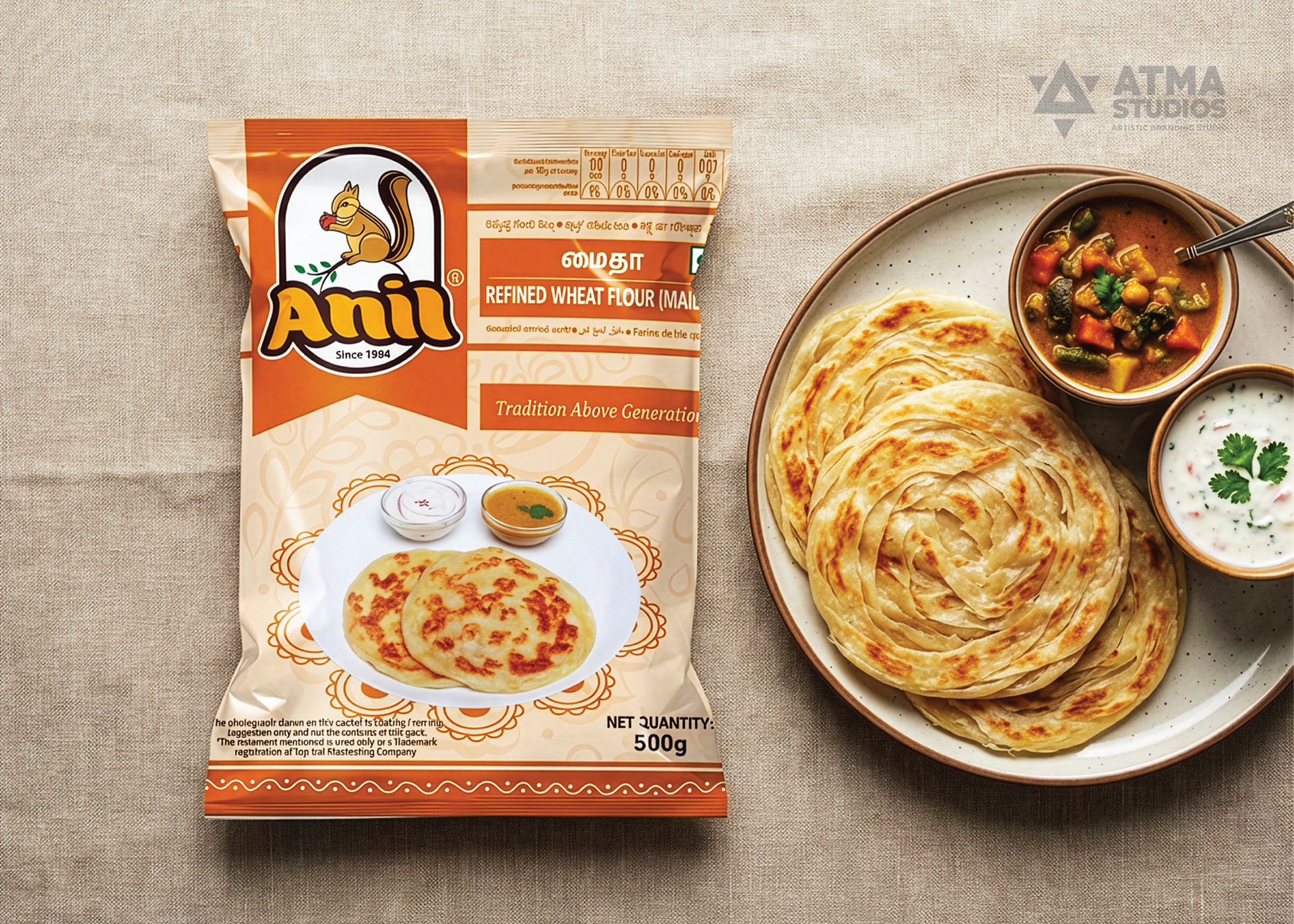 Anil Foods rebranding: flour pack mockup with parotta and curry