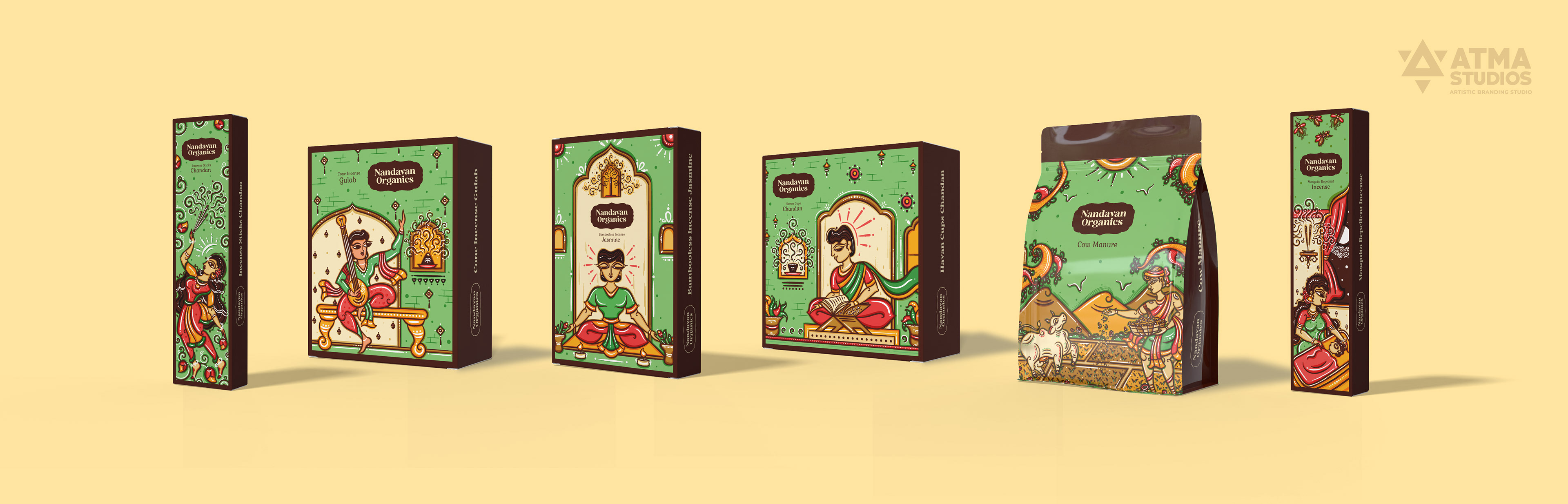 Nandavan Organics package illustrations in neo Bengal folk art: lineup of six illustrated product boxes and pouches