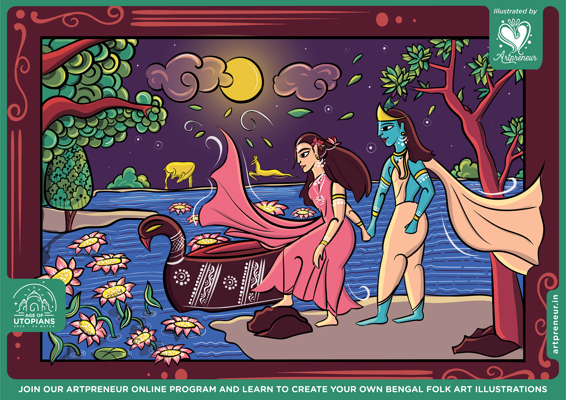 50 contemplated Bengal folk art illustrations: #13 Night forest scene with lovers