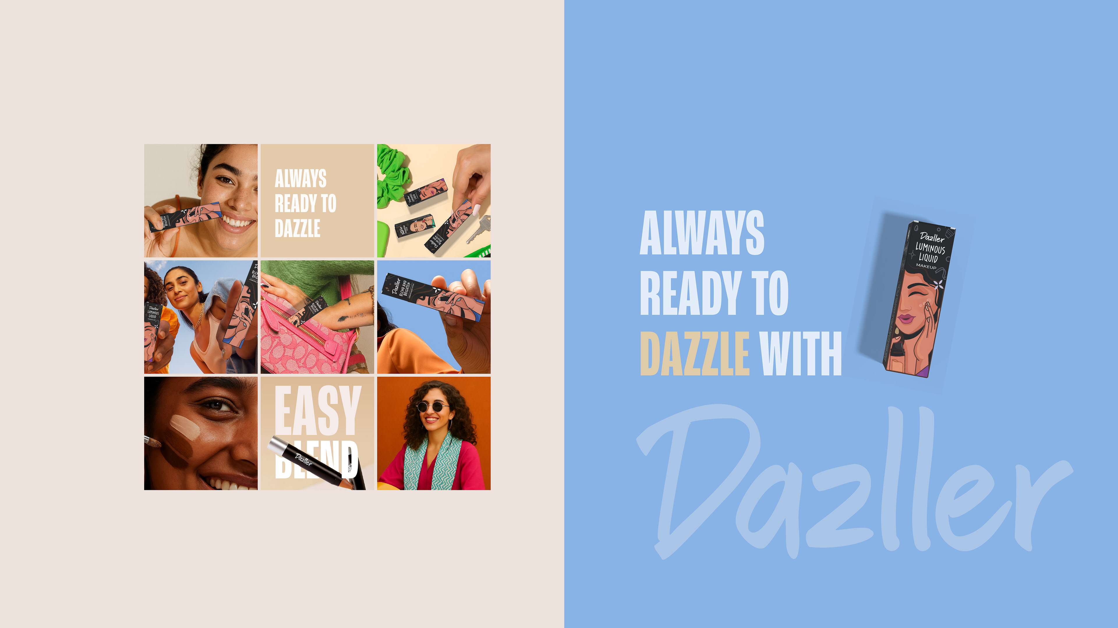 Dazller foundation stick packaging: social media grid, Always ready to dazzle with Dazller
