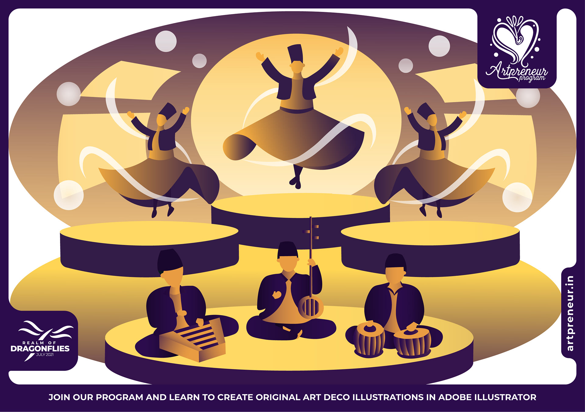 20 Art Deco flat illustrations: #10 Musicians on a golden stage