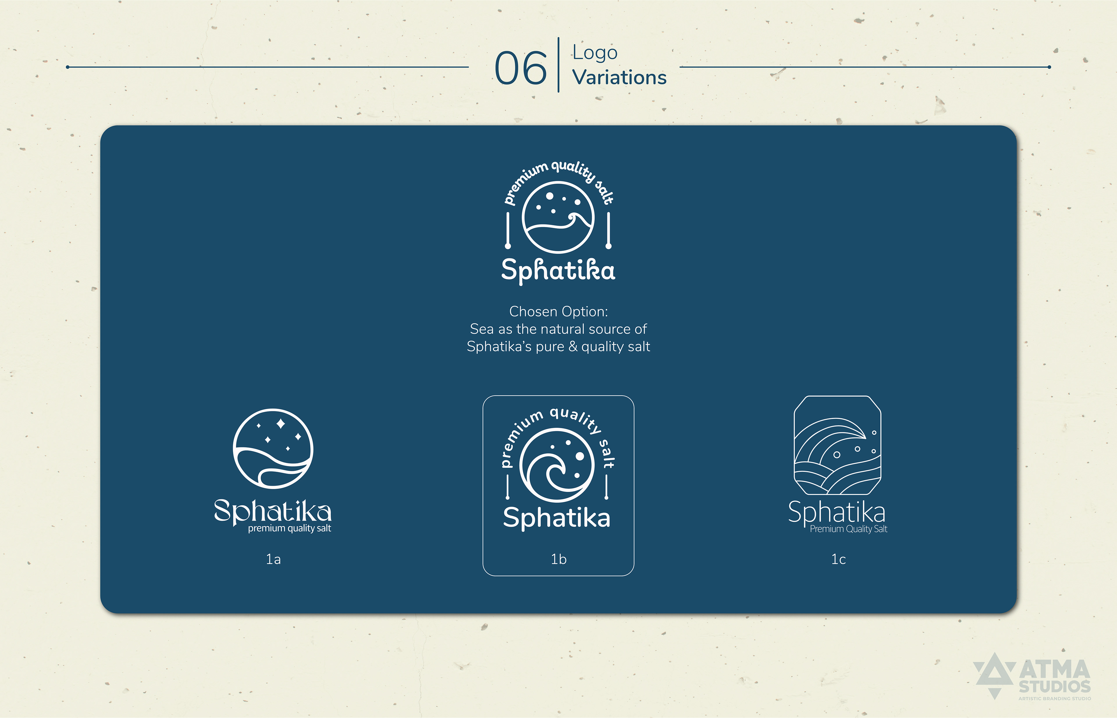 Sphatika premium salt brand: logo variations in white on navy