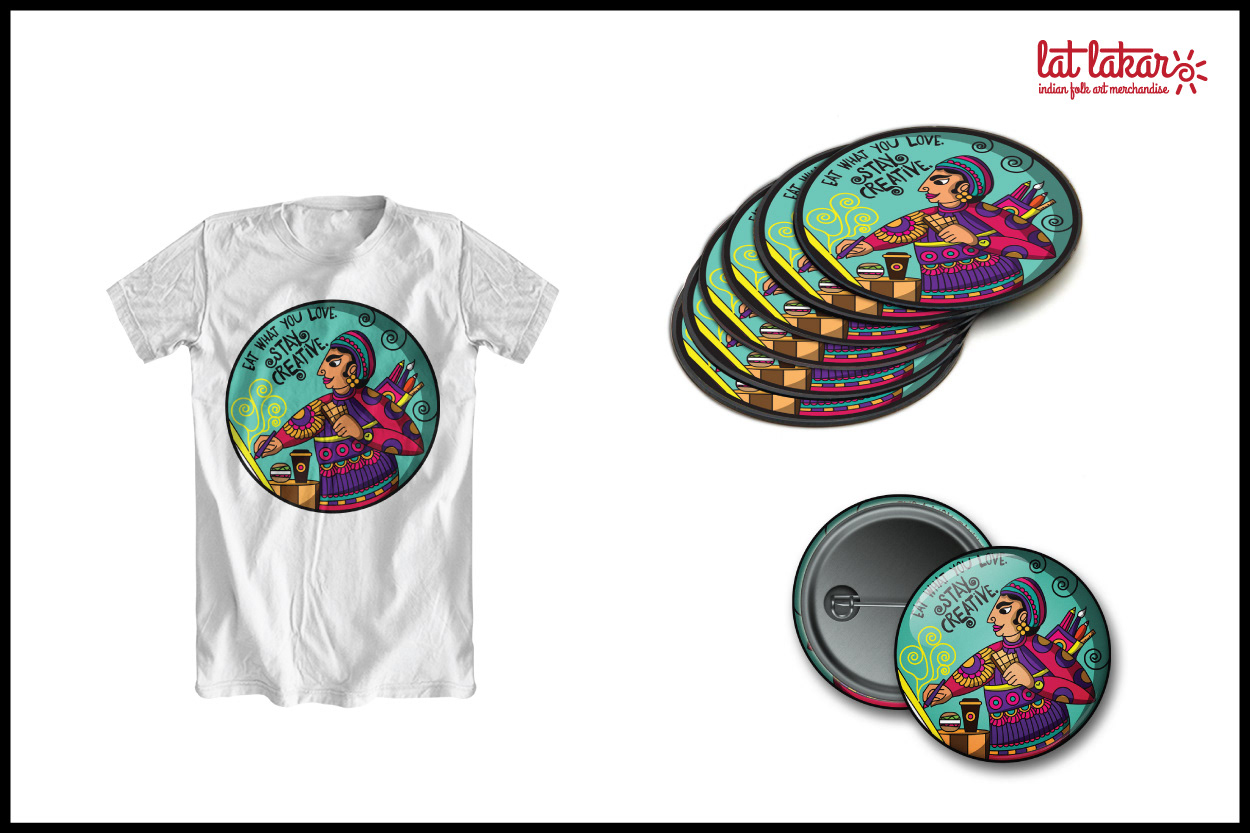 Lat Lakar Indian folk art merchandise: illustrated badges and T-shirt