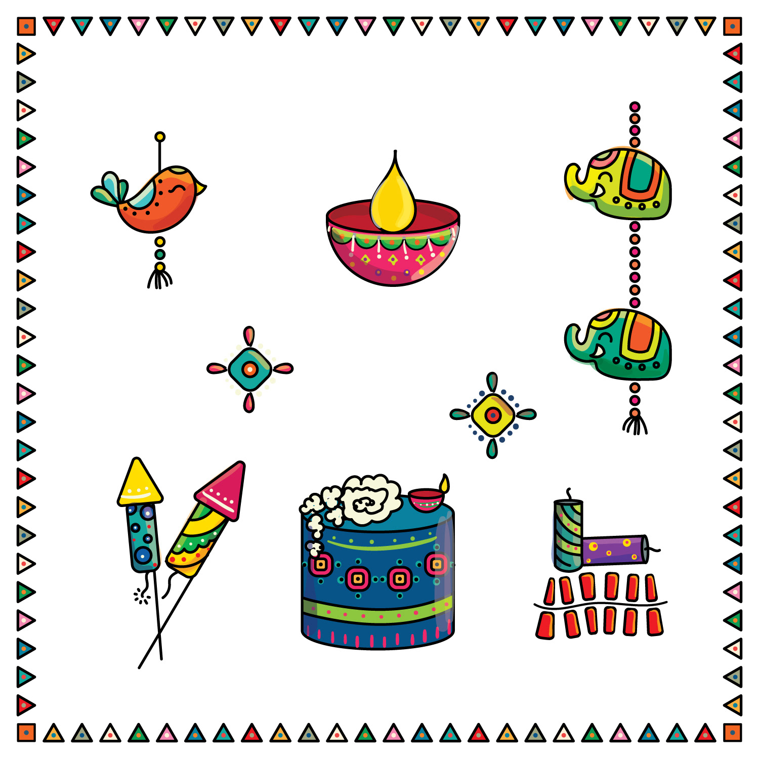 Sweet Kadai Diwali package illustration: festive icons: lamp, rocket, kolam and toran
