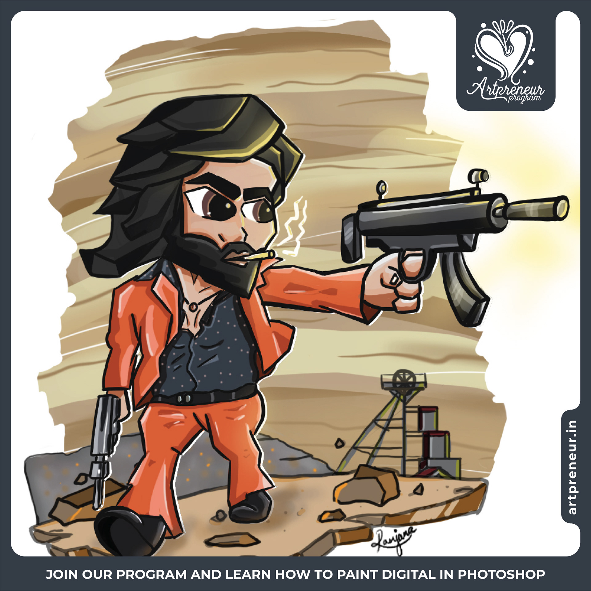 12 cute chibi illustrations collective 2021-2022: #11 Action hero with a gun chibi