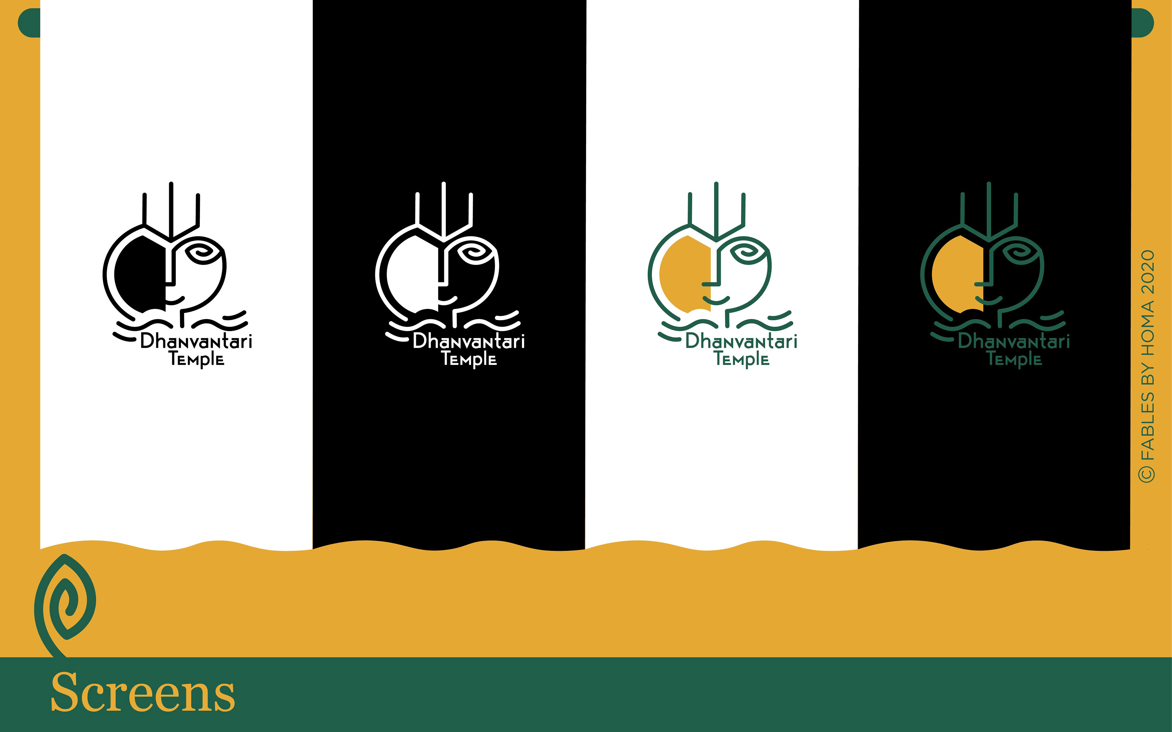 Dhanvantari Temple brand: logo on white, black and dark green screens