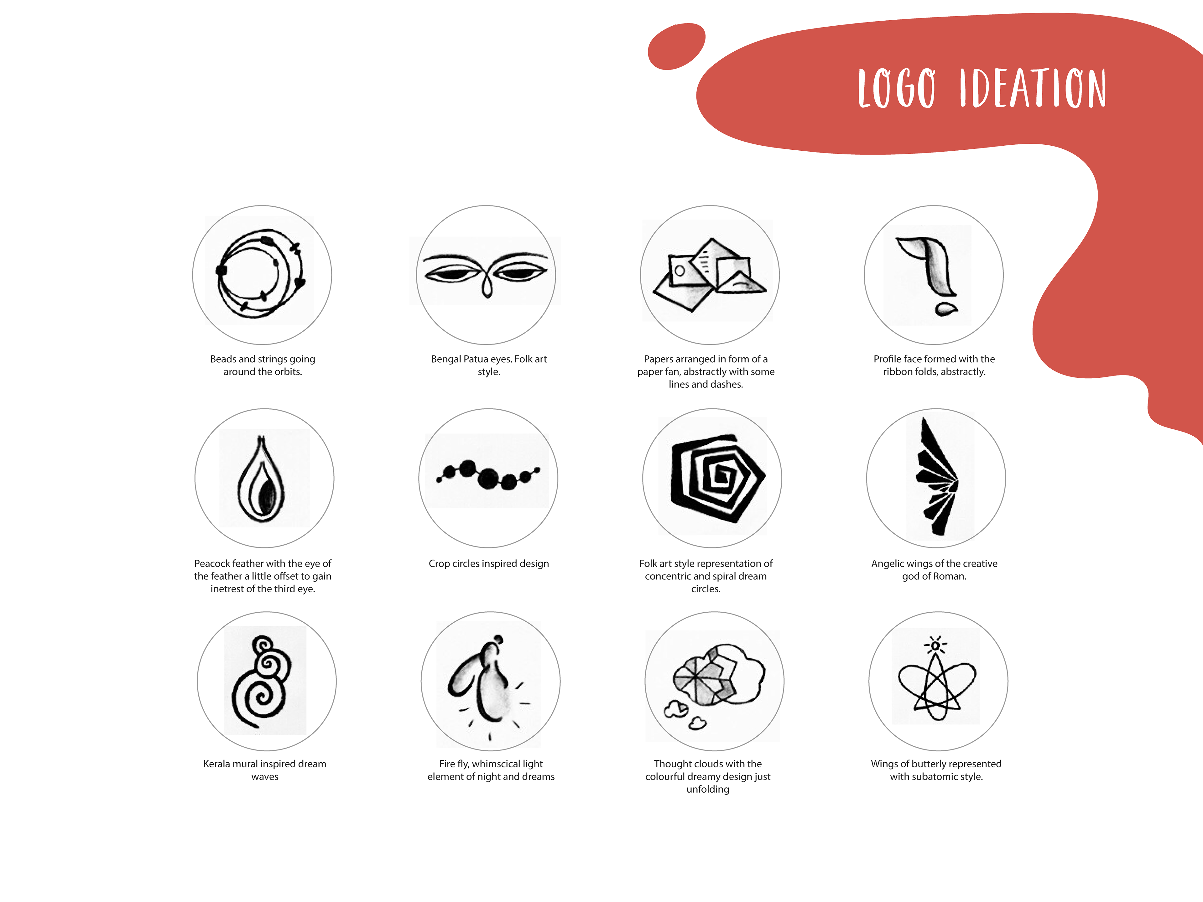 Lucid Dreamers art supplies store brand: logo ideation sheet of twelve sketches