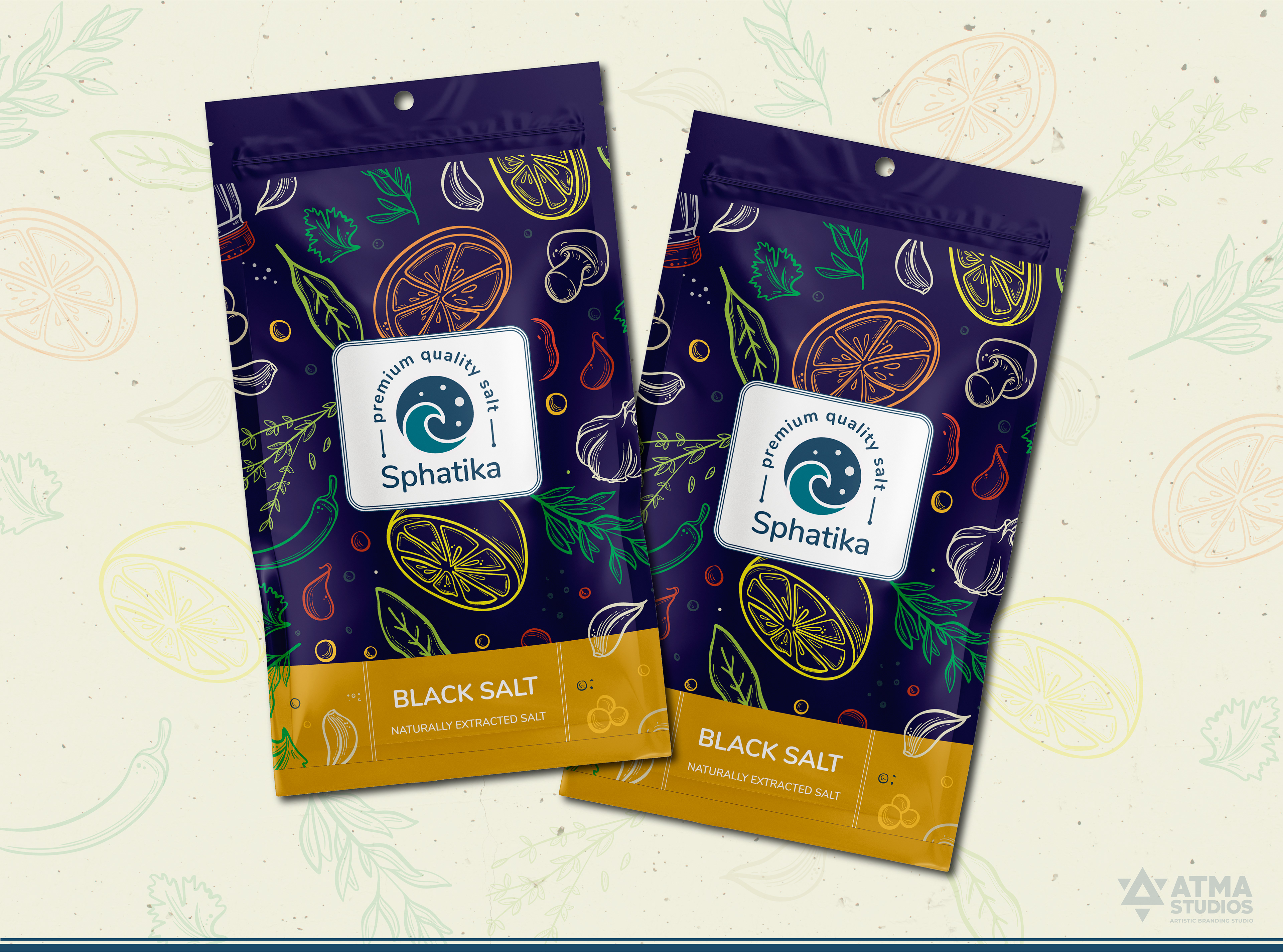 Sphatika premium salt brand: final black salt pouch mockups in navy and gold