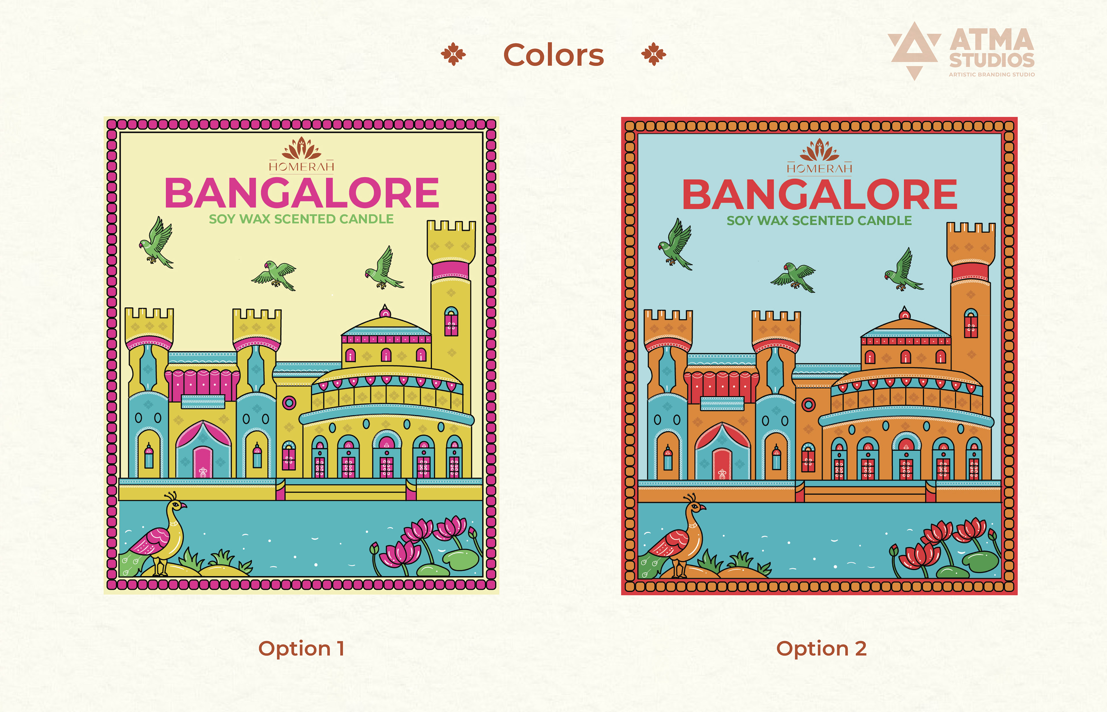 Homerah premium lifestyle candle and incense package design: Bangalore label colour options in two colourways