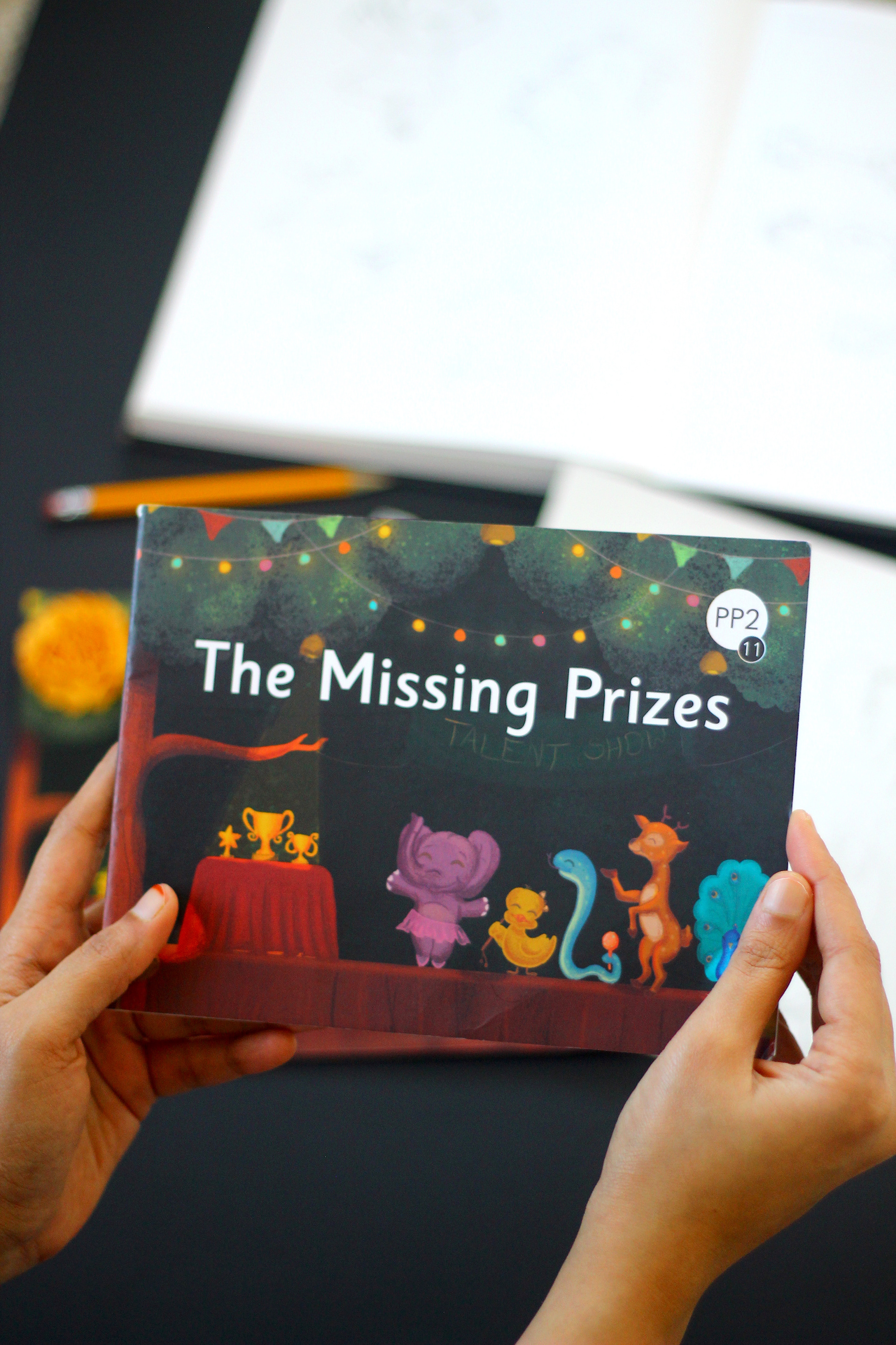 The Missing Prizes children's book: hands holding the book cover
