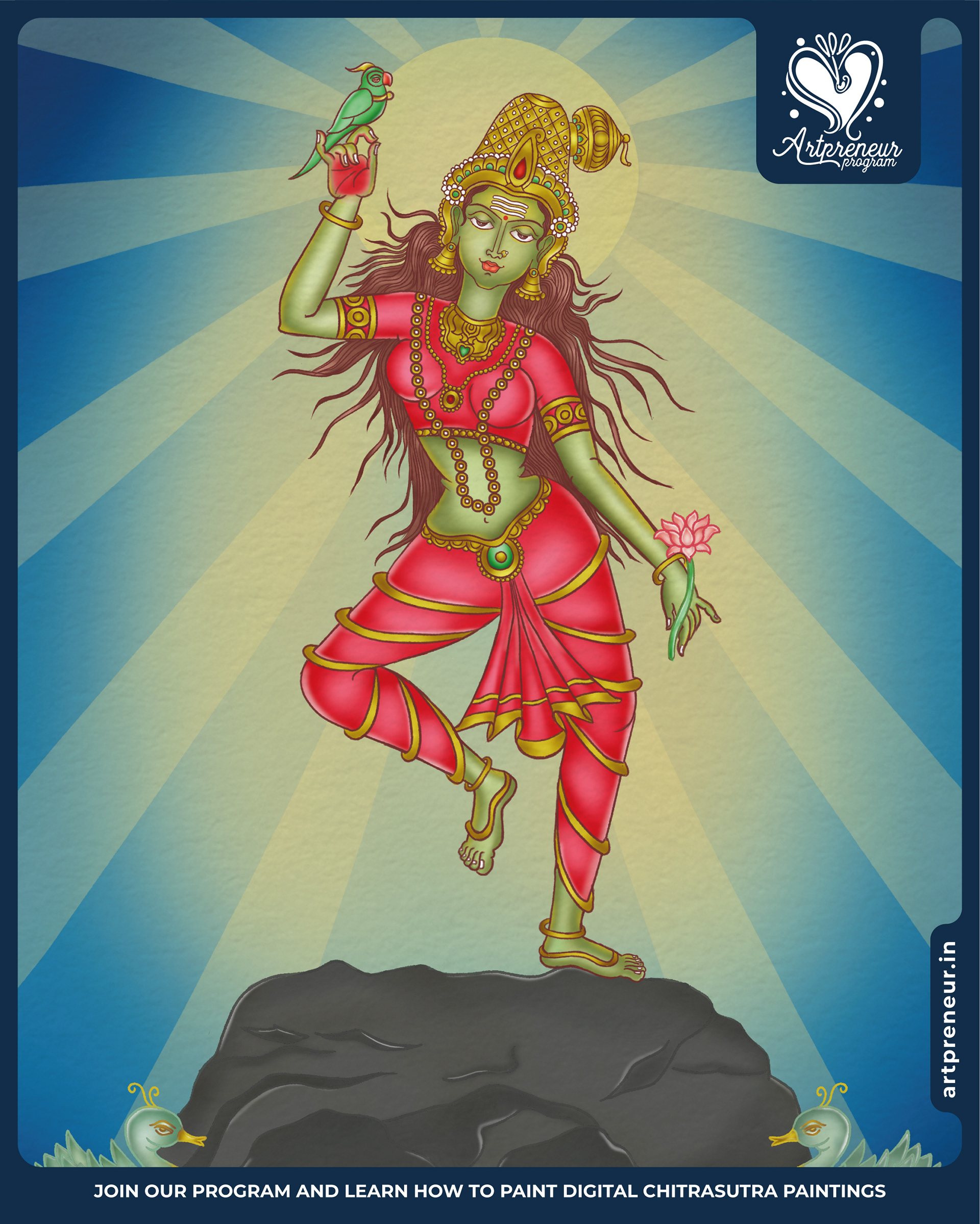 13 divine Chitrasutra illustrations collective 2021-22: #10 Green goddess with a parrot dancing on a rock