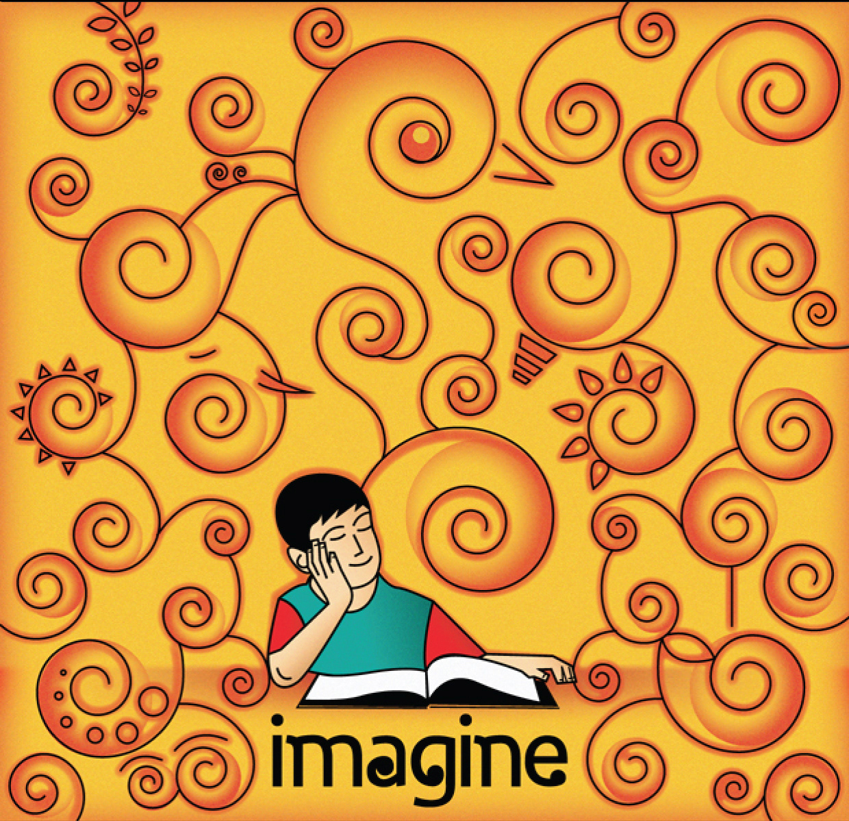 Gurukul notebook cover titles: Imagine cover with a boy reading among swirls