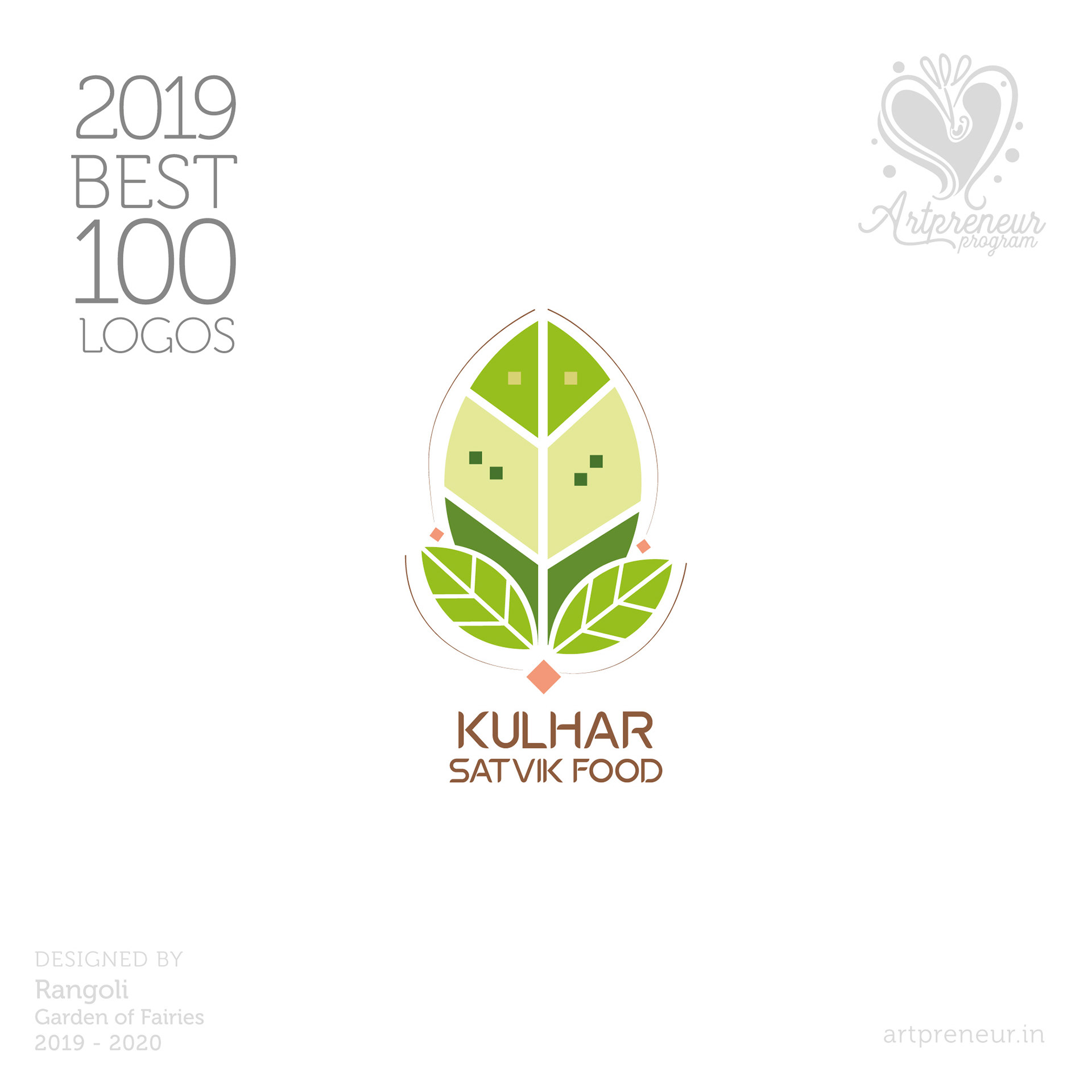 100 best logos of Atma Studios 2019: Kulhar satvik food logo with a leaf