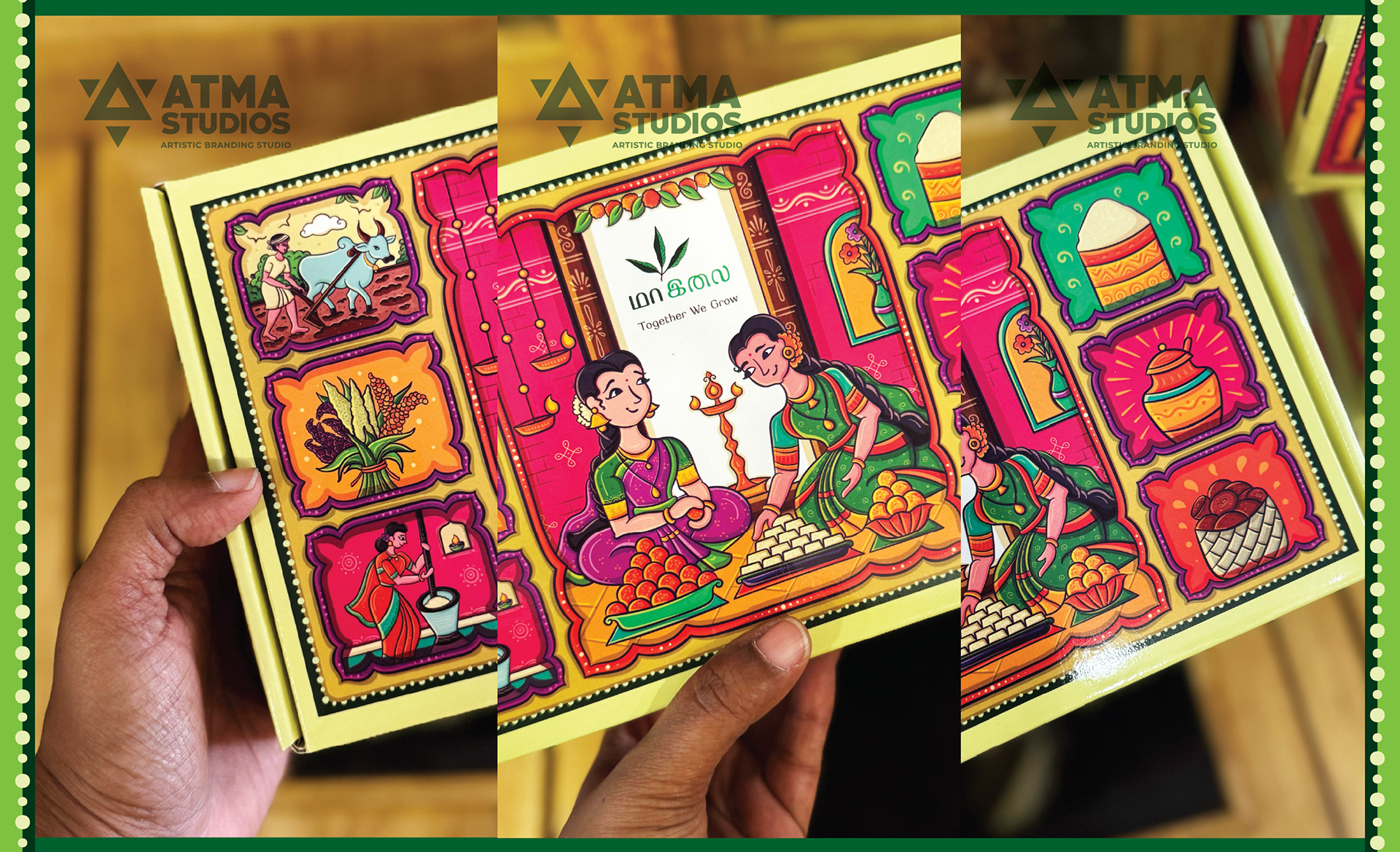 Maa Ilay illustrated sweet box package design: hand holding the printed sweet box