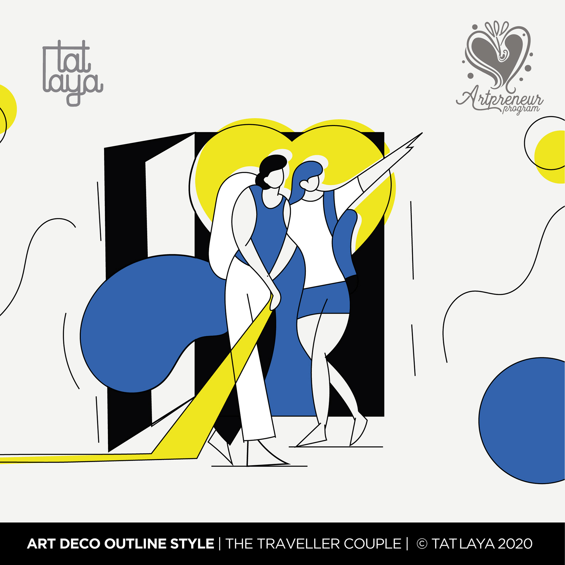 12 types of contemporary couple in Art Deco outline style: #2 The traveller couple