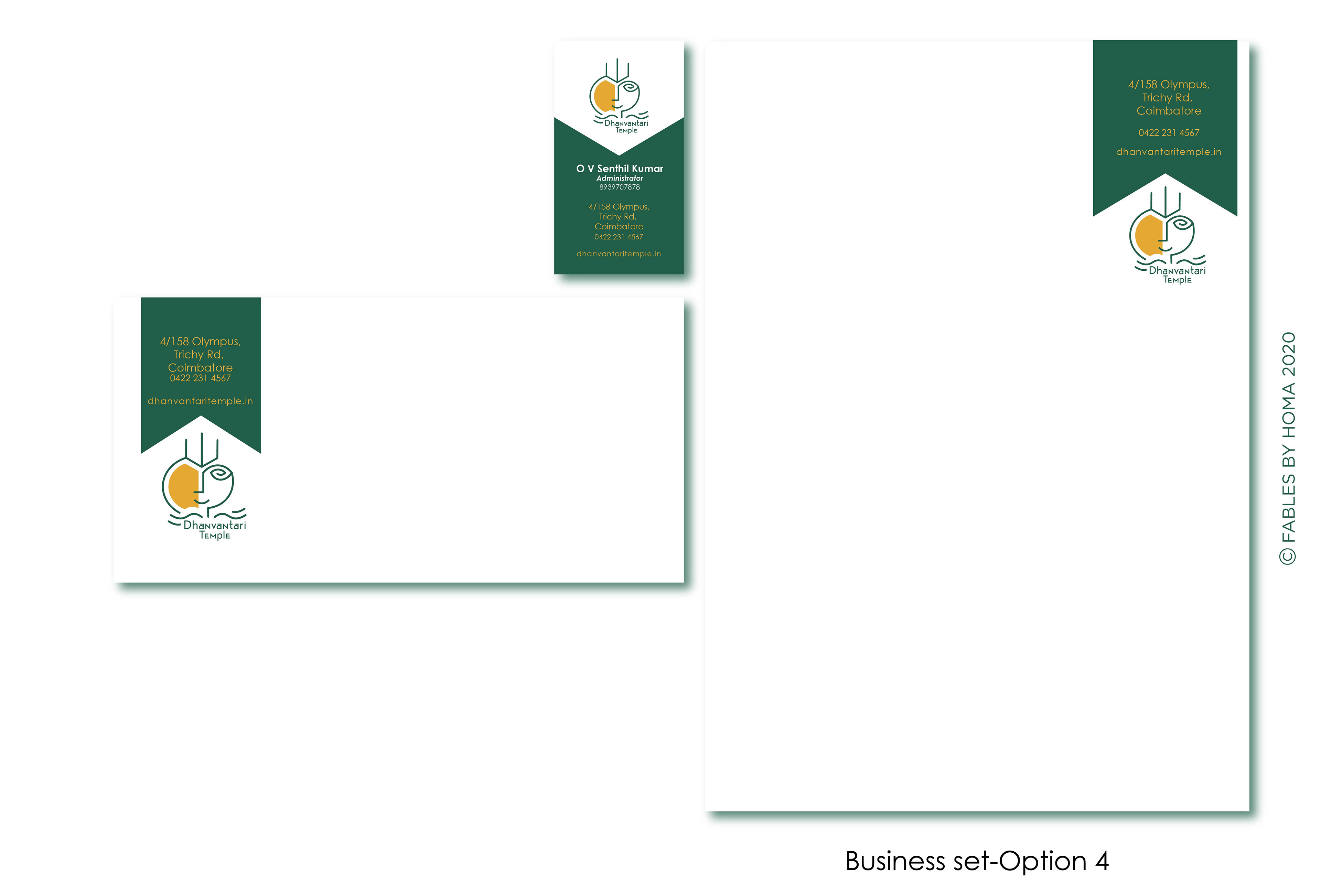 Dhanvantari Temple brand: business stationery set option 4 with letterhead, envelope and cards