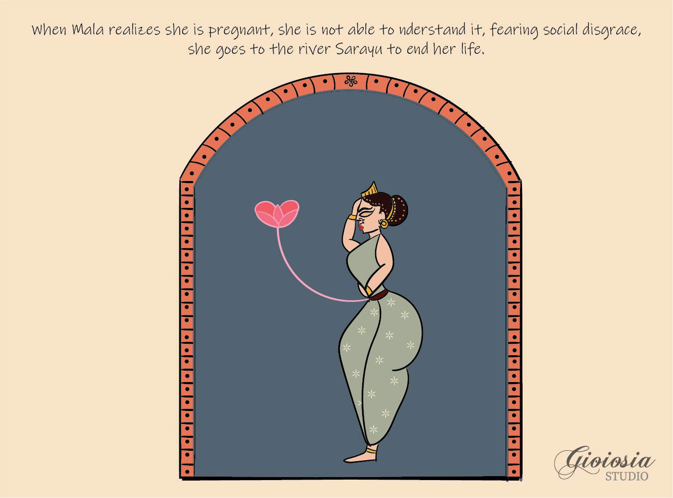 The Untold Story of Bhagiratha, illustrated mythological fiction: a pregnant queen in an arched doorway with a heart
