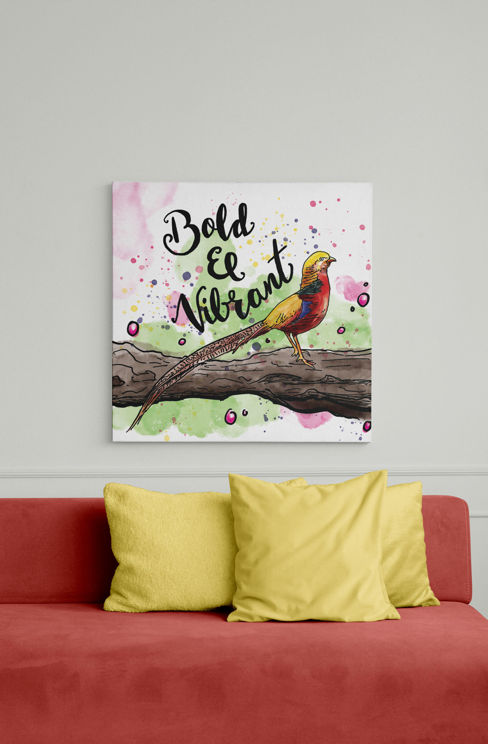 12 pheasants of India watercolour illustrations: #3 "Bold and vibrant" golden pheasant canvas above a sofa