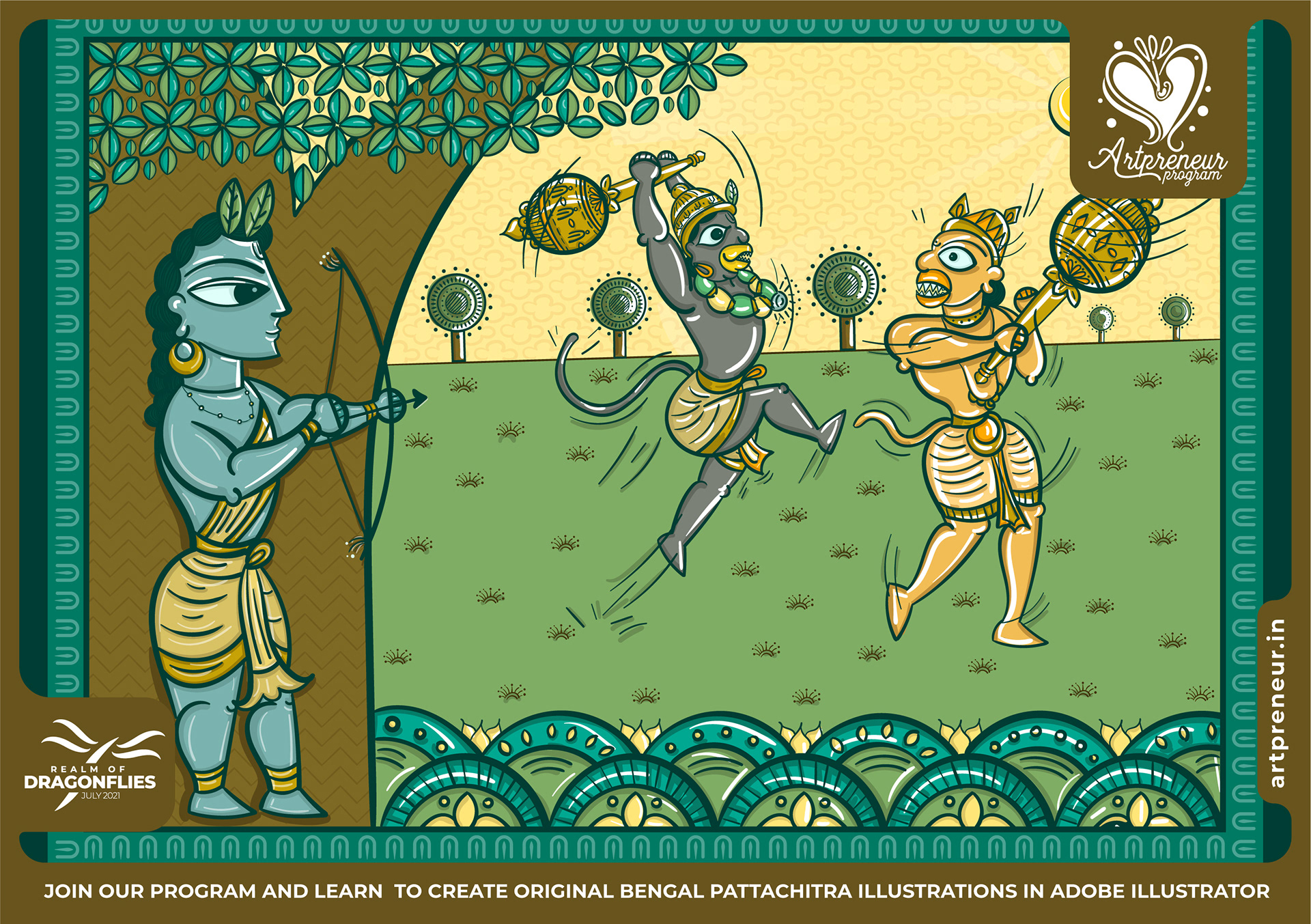 50 Bengal Pattachitra Indian folk illustrations: #11 Hanuman and Rama in the forest