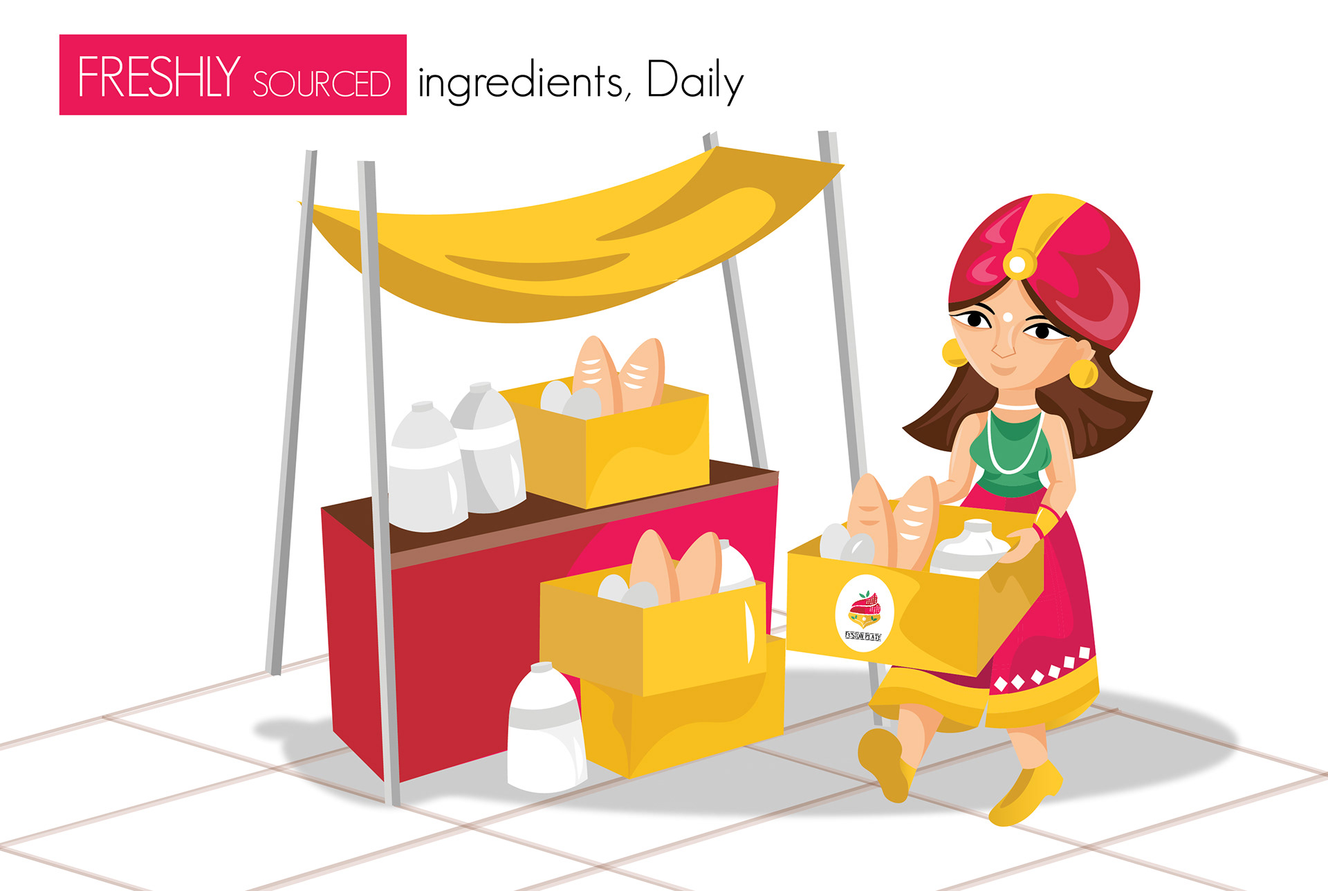 Fusion Plate bakery brand: brand illustration of the mascot at a market stall, freshly sourced ingredients daily