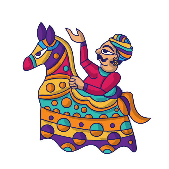 Kesar sweet shop space branding in Phad painting style: Phad character: a man on a decorated horse