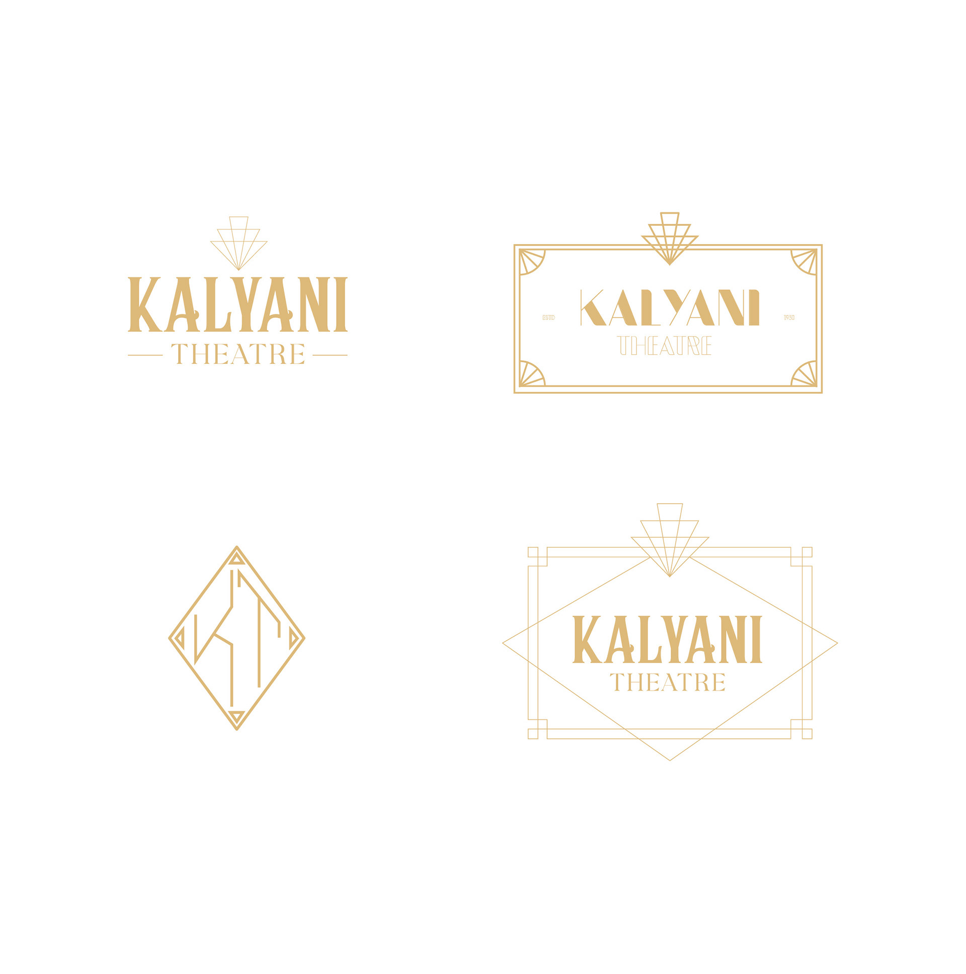 Kalyani Theatre art deco brand identity: four gold logo variations and monogram