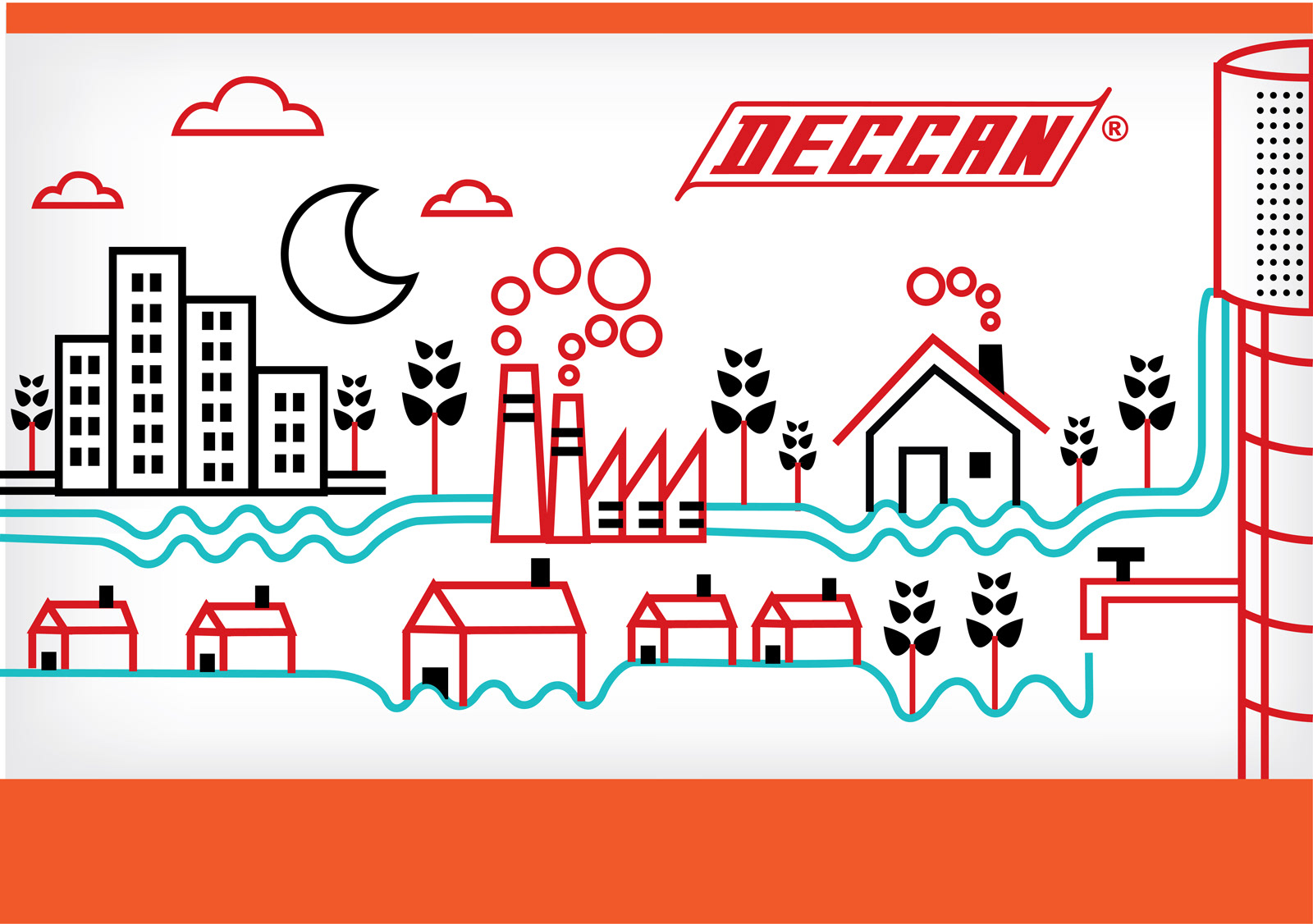 Ekki Pumps exterior wall illustration: Deccan pumps line art of a city, factories and homes along a water line