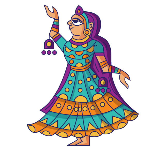 Kesar sweet shop space branding in Phad painting style: Phad character: a dancing woman with a lamp