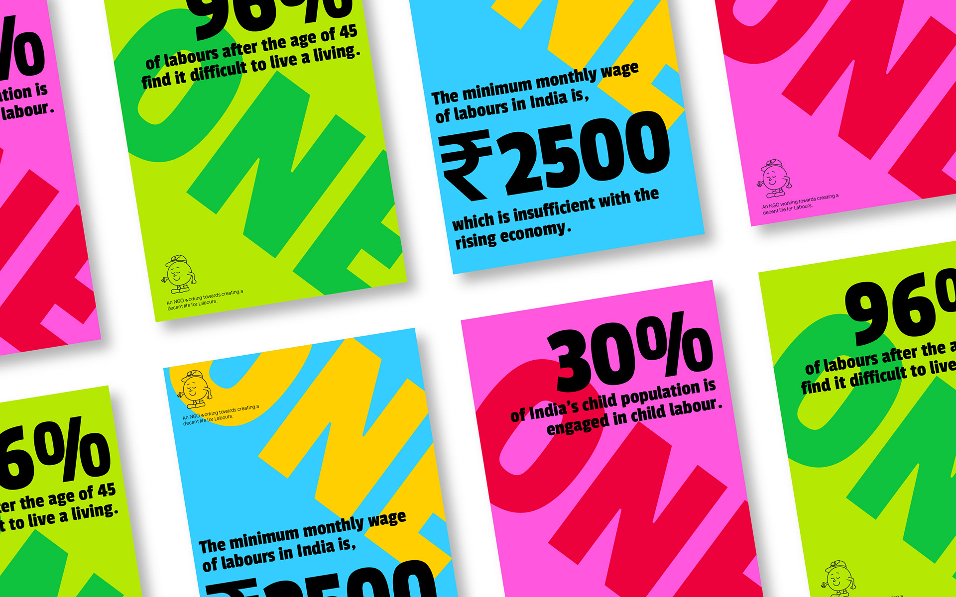 ONE labour rights campaign branding: grid of colourful campaign posters with labour statistics