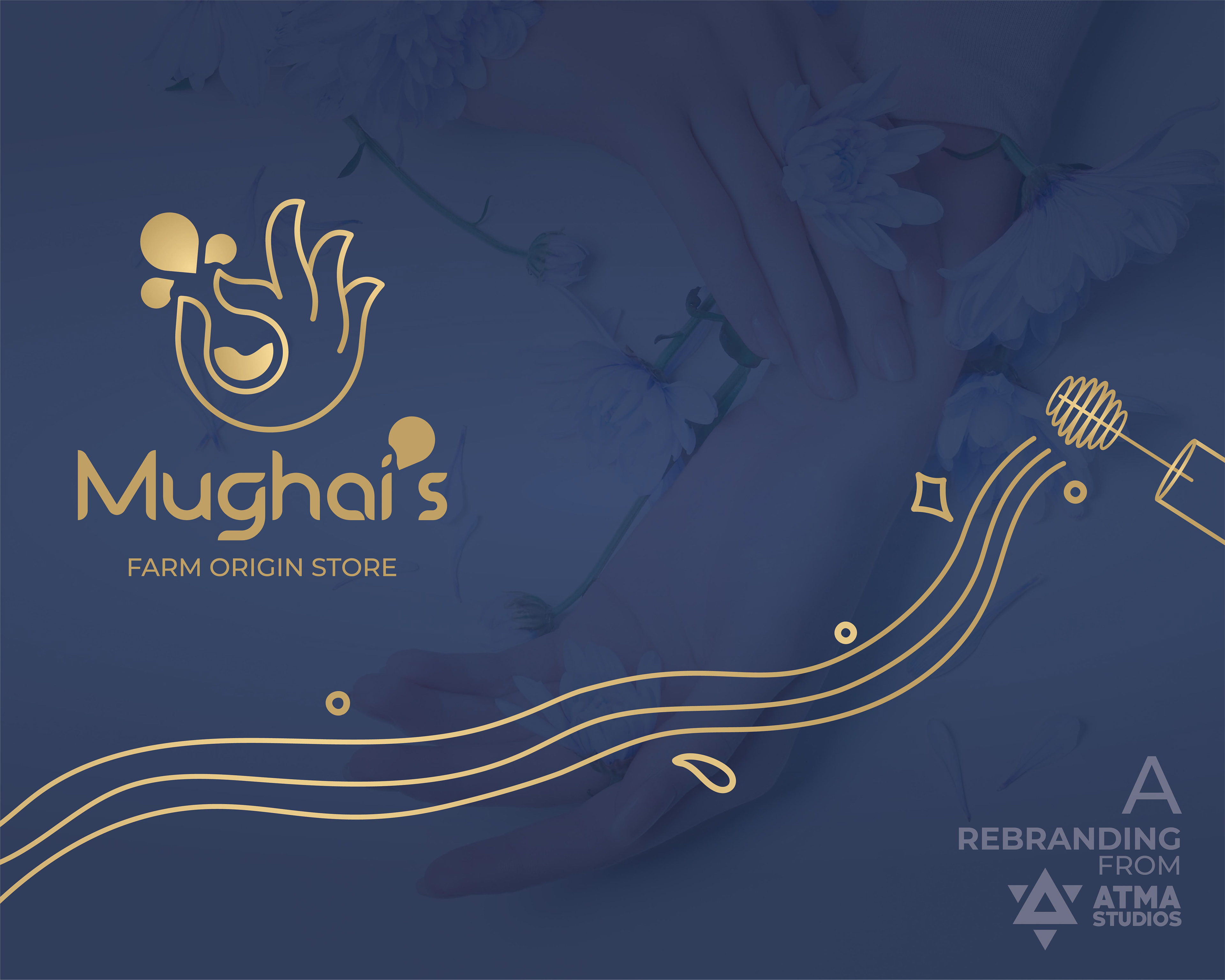 Mughai's Farm Origin Store rebranding: cover with the gold hand and bud logo on navy, a rebranding by Atma Studios