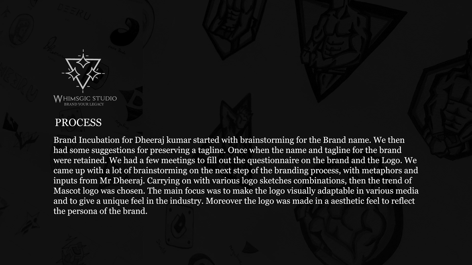 Dheeru athlete personal brand: process note slide on a dark background