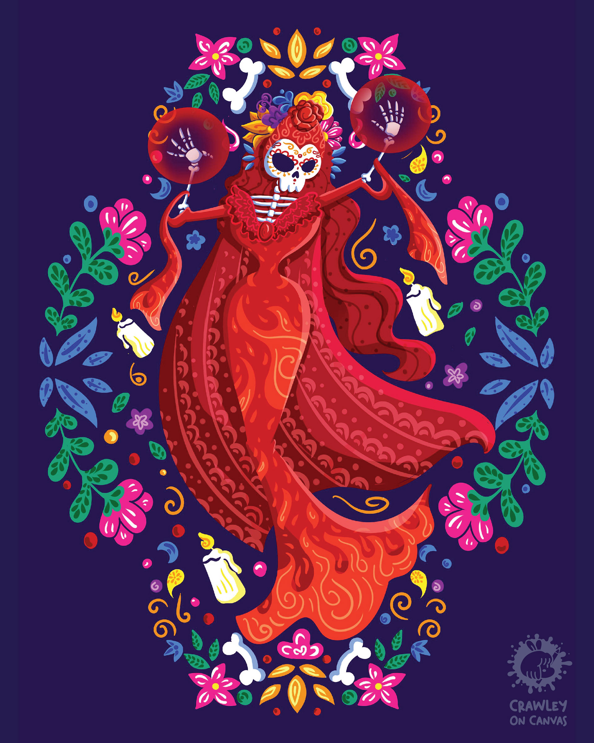 Pop culture heroines in Día de los Muertos style: #7 Heroine in a flowing red gown with candles