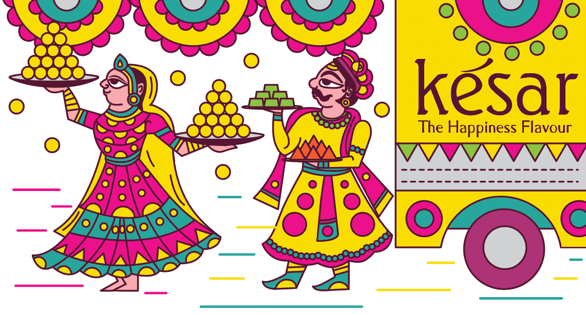 Kesar sweet shop space branding in Phad painting style: logo panel with sweet sellers and a cart