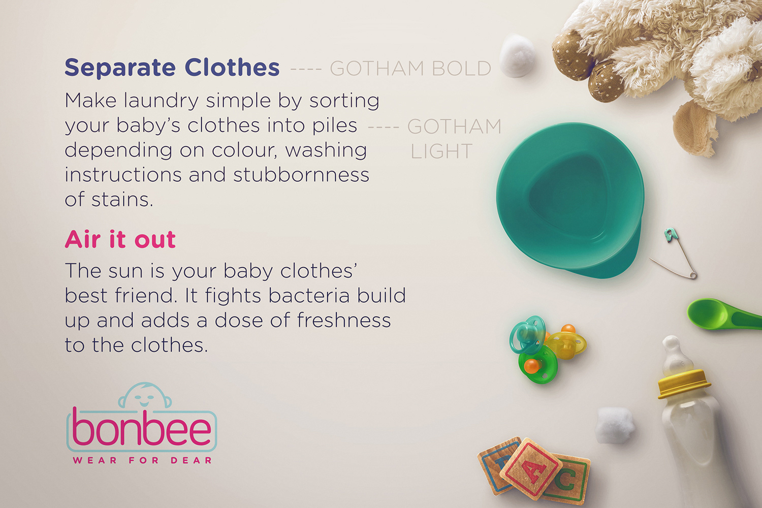 Bonbee Indian baby wear brand and package design: baby clothes care tips card with toys and bottle