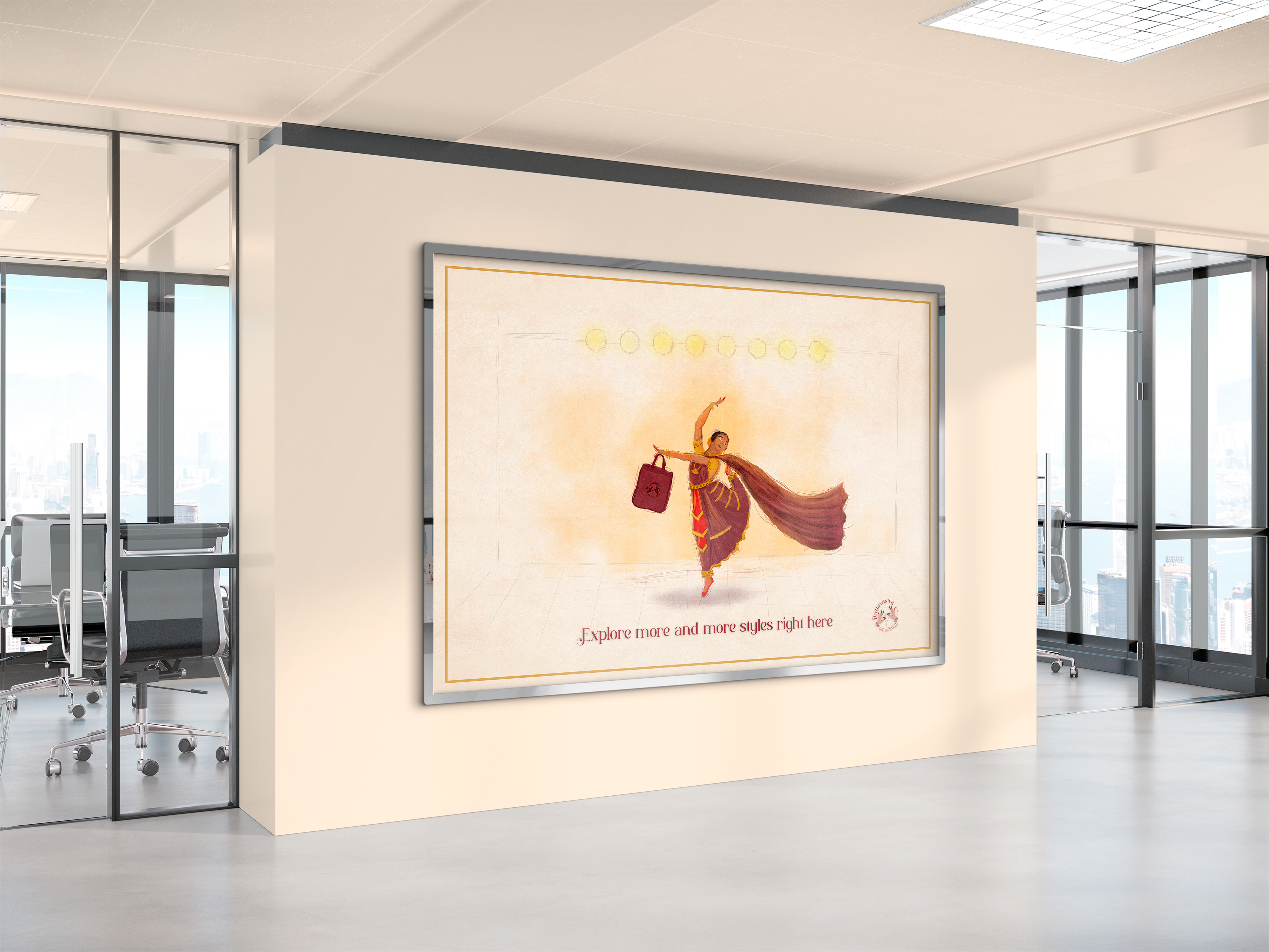 Divyavastra classical dance couture brand: brand illustration displayed on an office wall