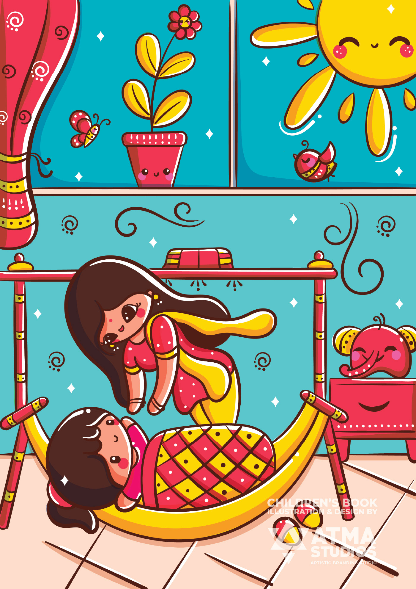Tvara's Magical Mantra, a children's book on Hindu mantras and rituals: illustration of a mother rocking Tvara in a cradle