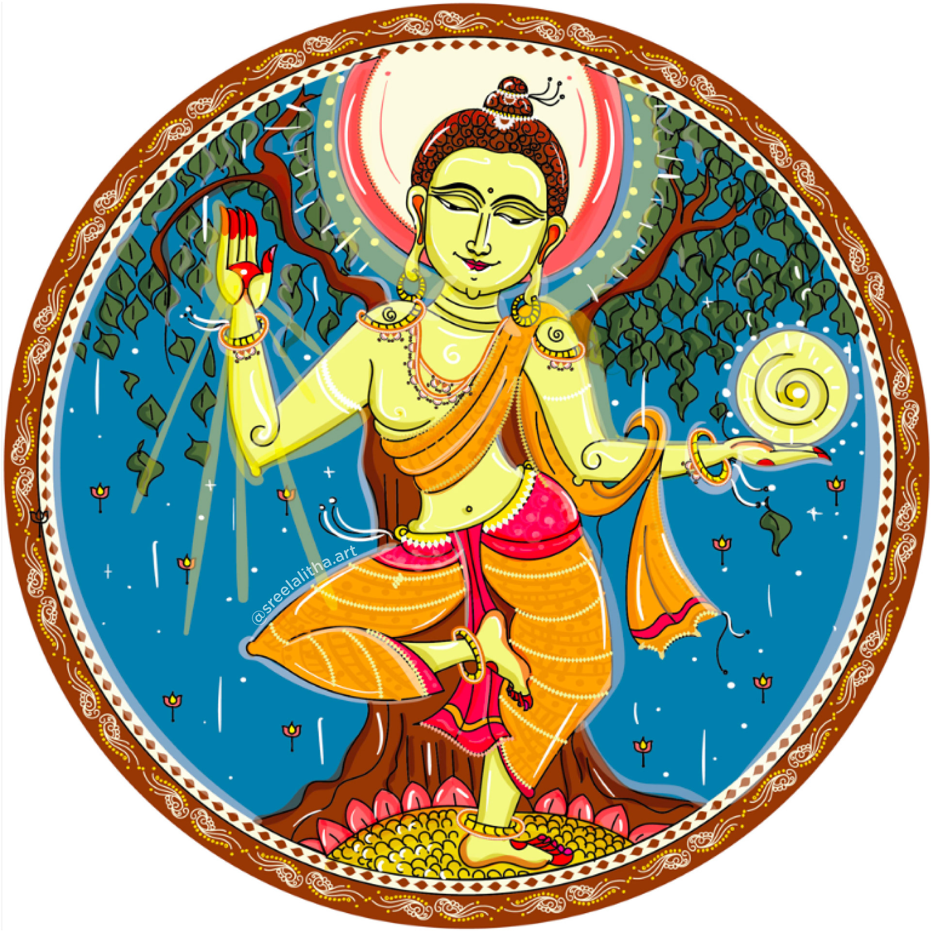 20 tree-based illustrations collective: #5 Round folk painting of a deity under a tree