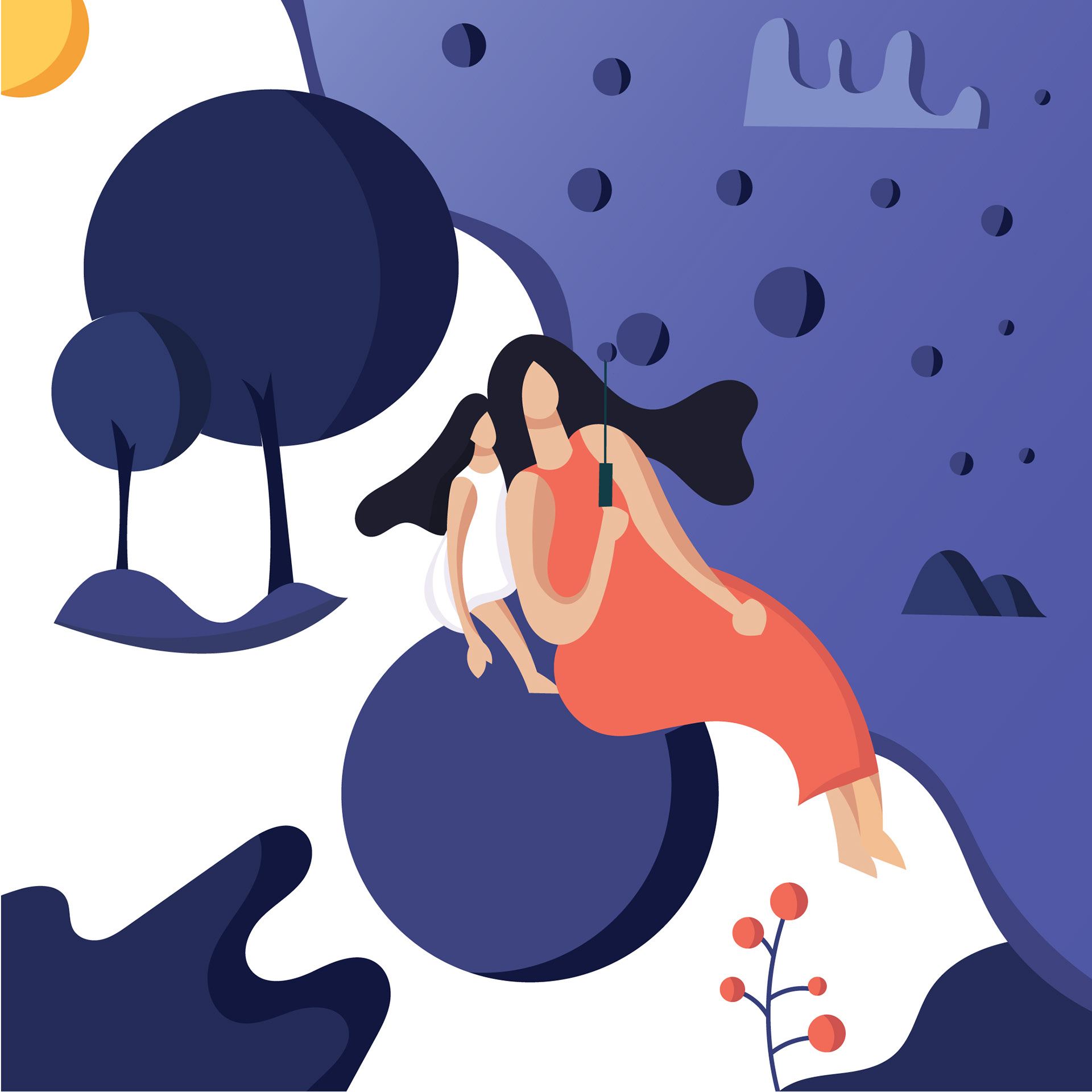 Experimental illustrations 2020: #17 Woman sitting on a moon