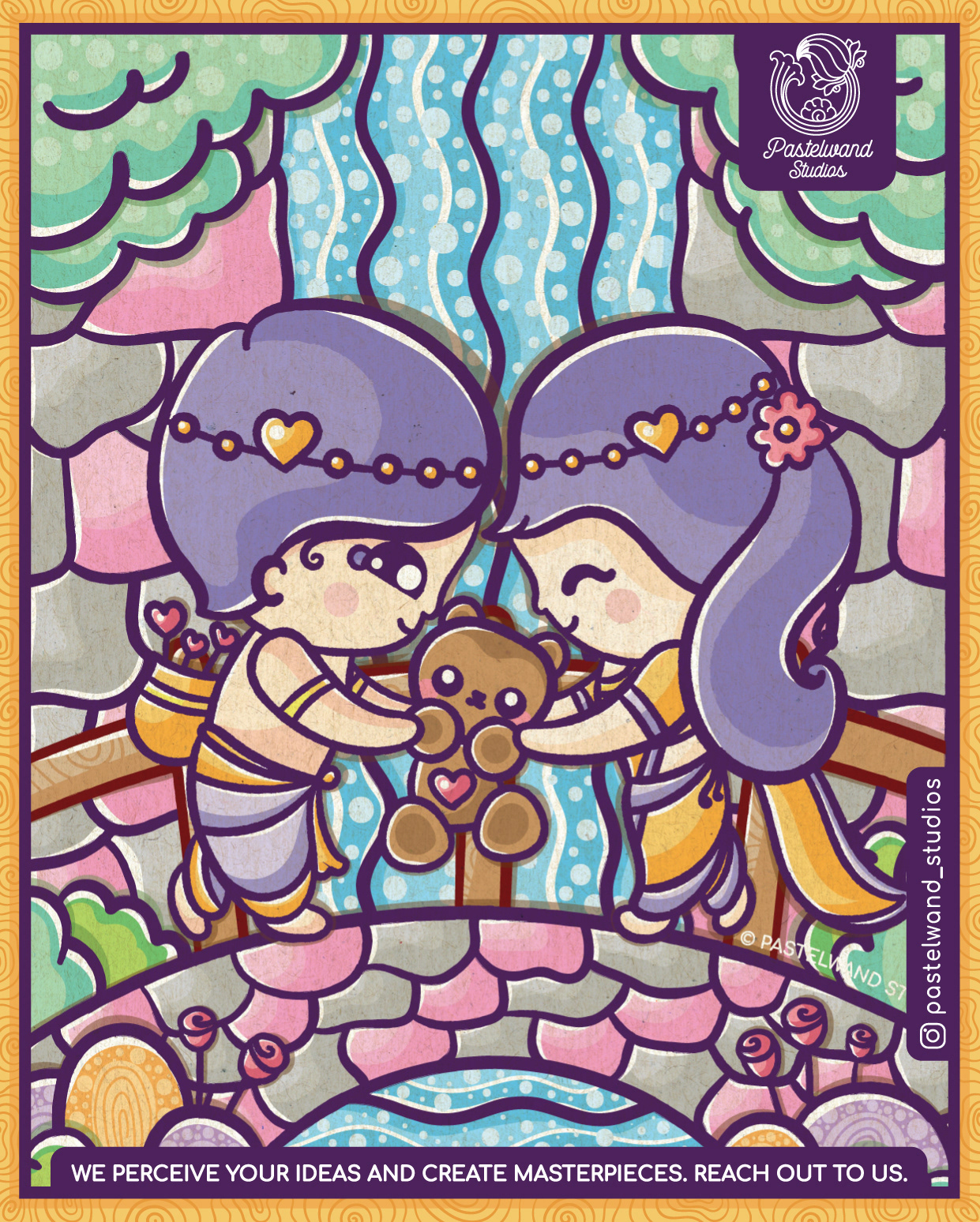 Kawaii love edition, Journey of Tutti Frutti: cute couple with a teddy bear by a waterfall