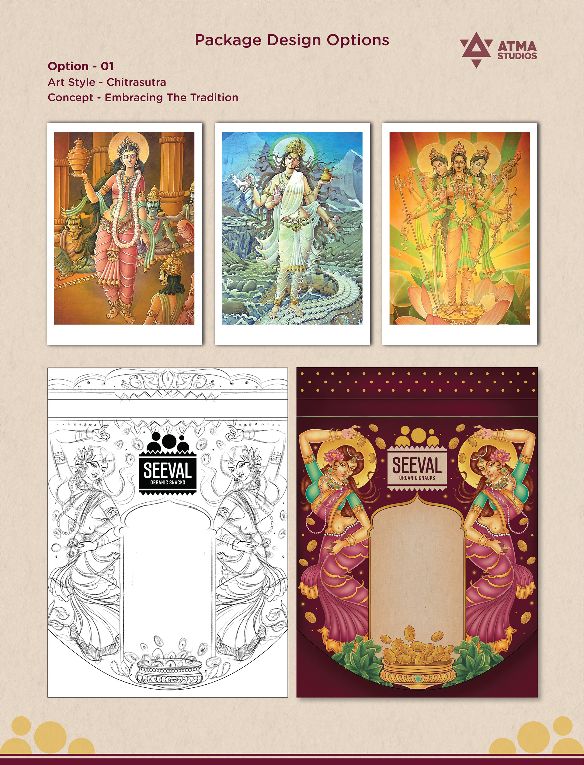 Seeval organic snacks brand: package design option 1 with art references, line sketch and coloured artwork