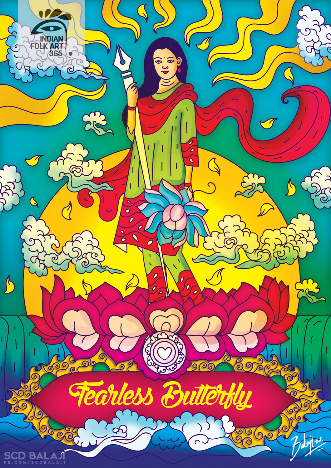 50 contemporary Indian folk art illustrations: #6 "Fearless Butterfly" woman on a lotus