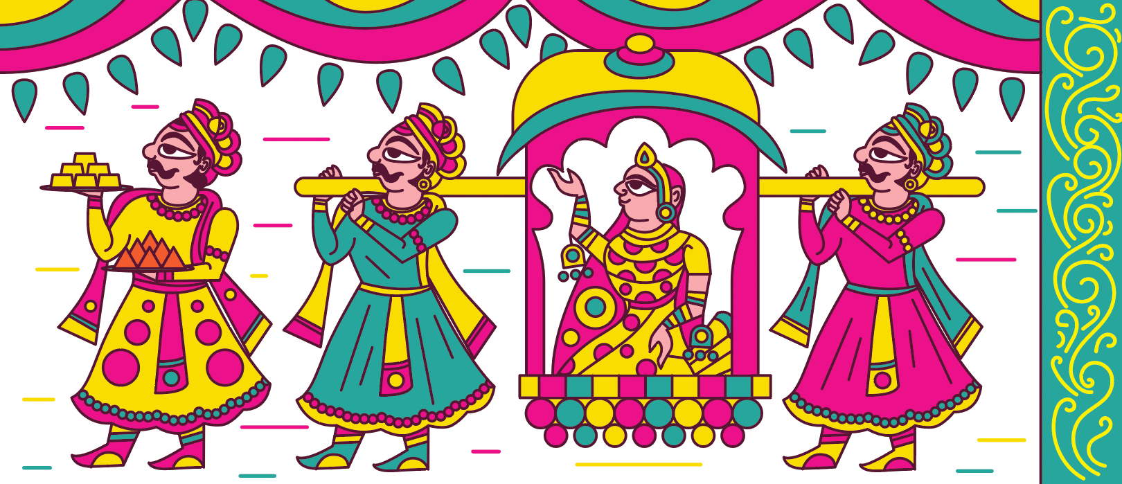 Kesar sweet shop space branding in Phad painting style: coloured wall panel with a royal procession