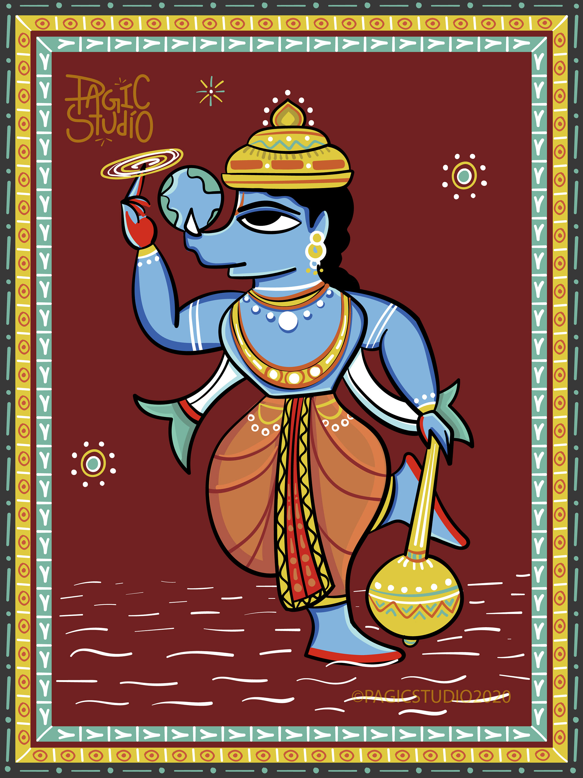 Dasavatara illustrations in Bengal Patua style: #3 Varaha, the boar avatar