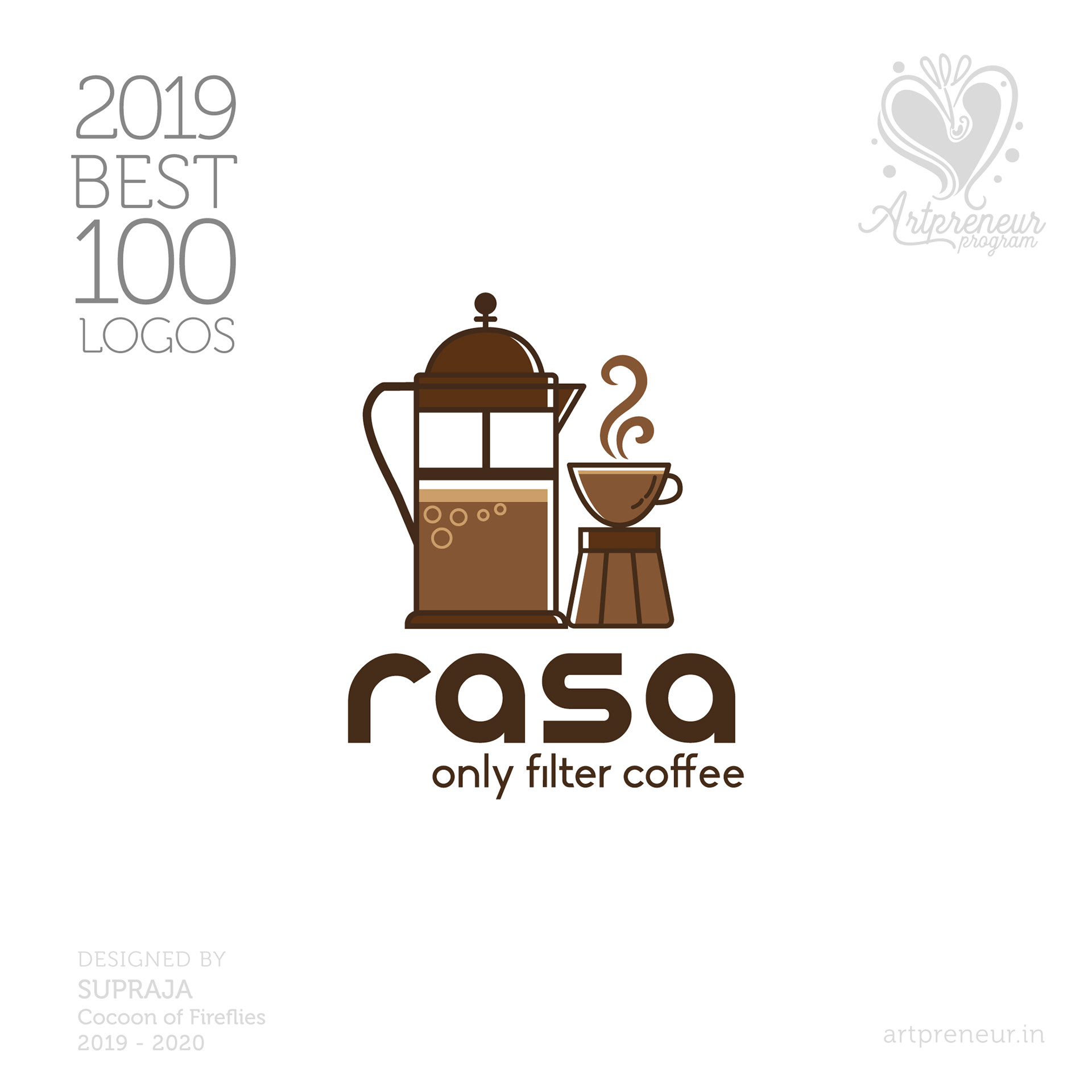 100 best logos of Atma Studios 2019: Rasa filter coffee logo with a coffee filter