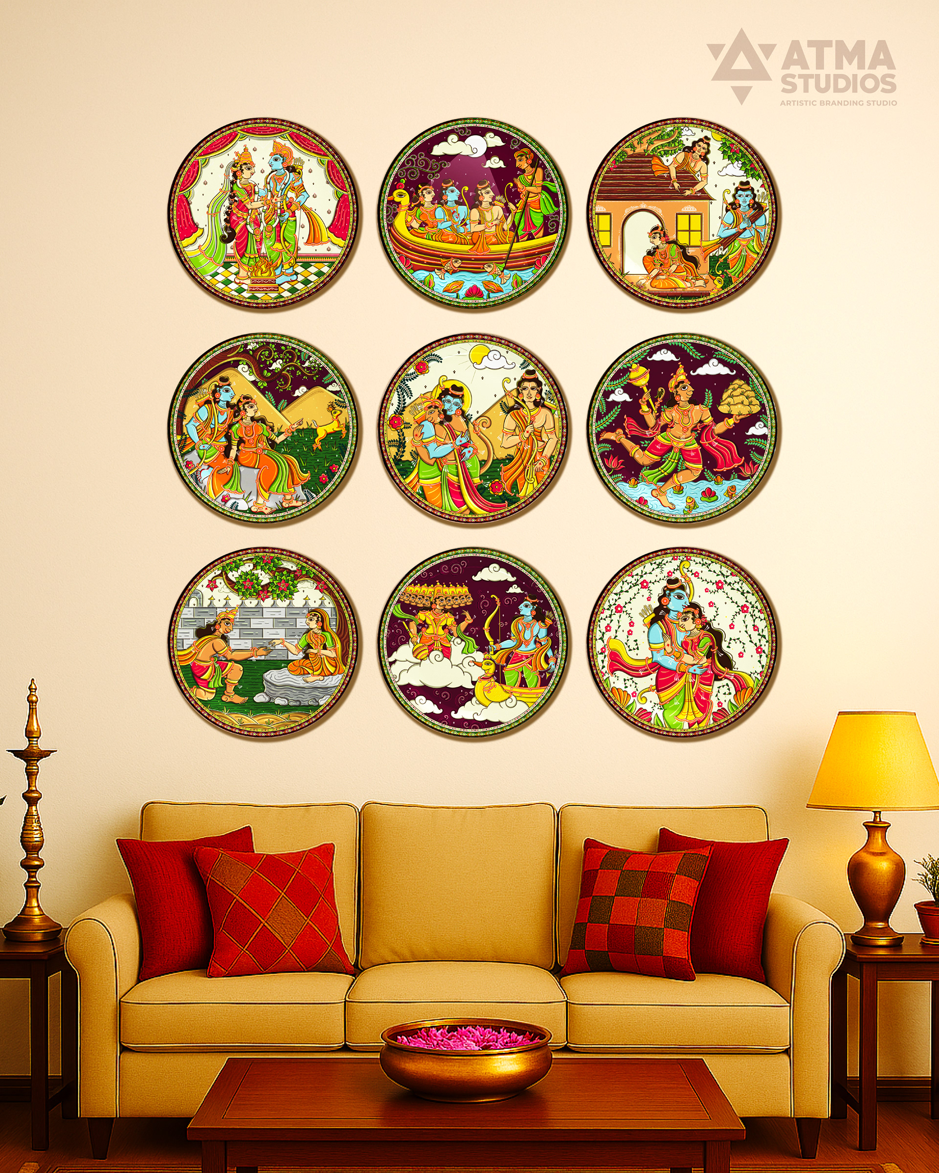 Ramayana in 9 wall plates, Pattachitra style for Vinodhini: nine round Ramayana wall plates above a sofa, illustration by Atma Studios