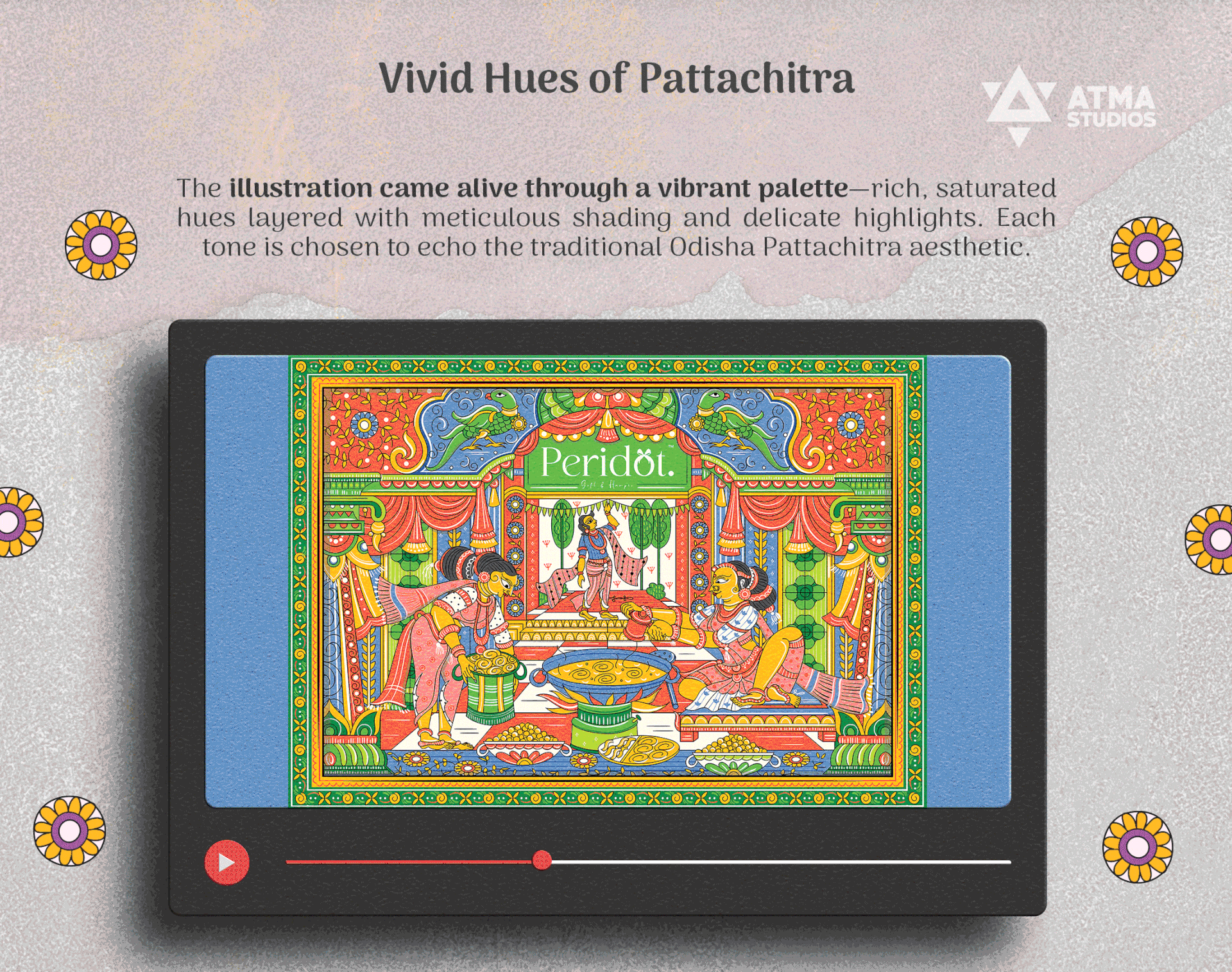Peridot Diwali sweet box package design: vivid hues of Pattachitra, coloured artwork on a screen