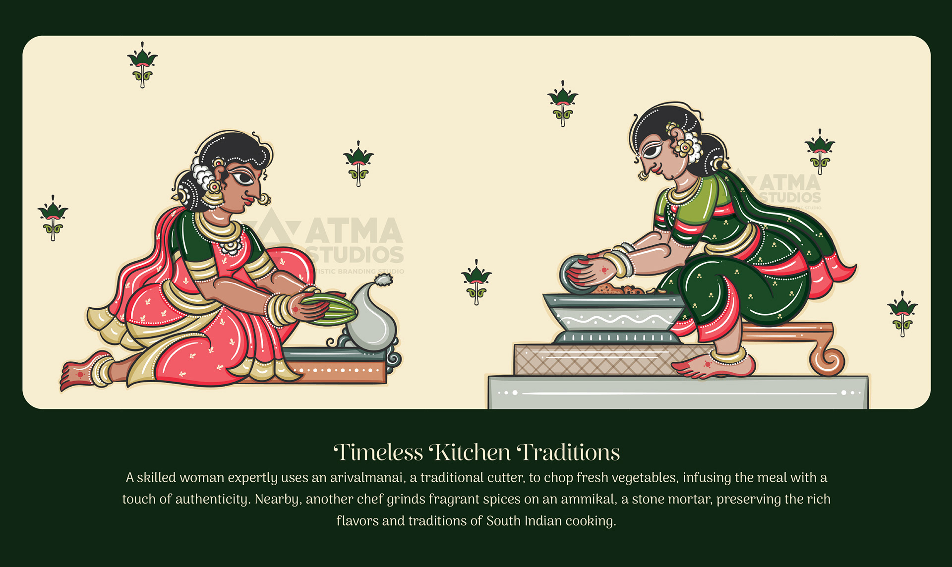 India Spice House restaurant wall art in Cheriyal scroll style, USA: women grinding batter, timeless kitchen tradition